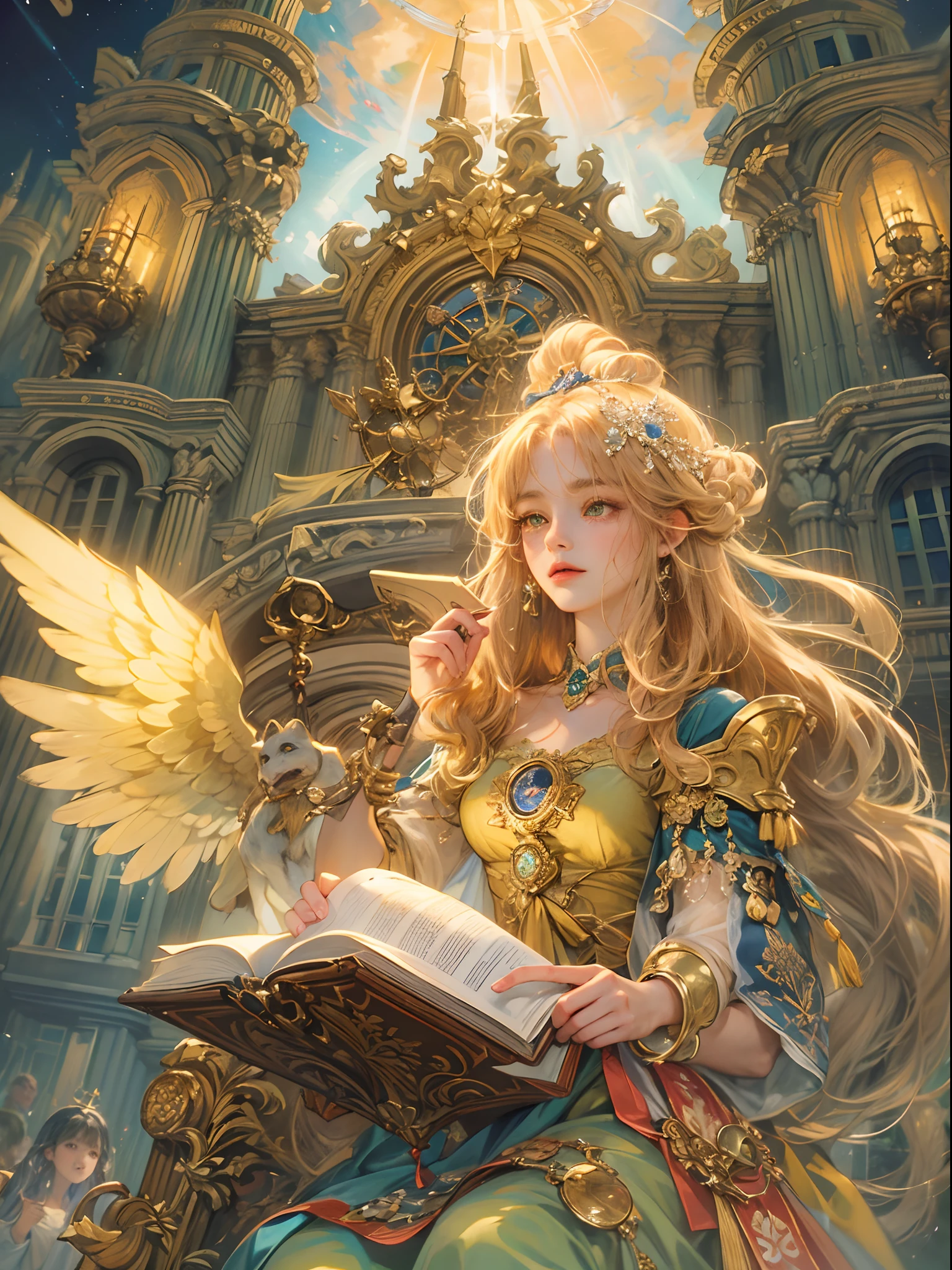 (absurdres, highres, ultra detailed, HDR), masterpiece, best quality, legend of mana character, heroine, detailed face, beautiful face with decorative detailed hair ornament, seraphina talking to a little black haired angel with yellow eyes with magic book outside celestial palace, detailed character, detailed celestial place of goddess, laplace, detailed backdrop