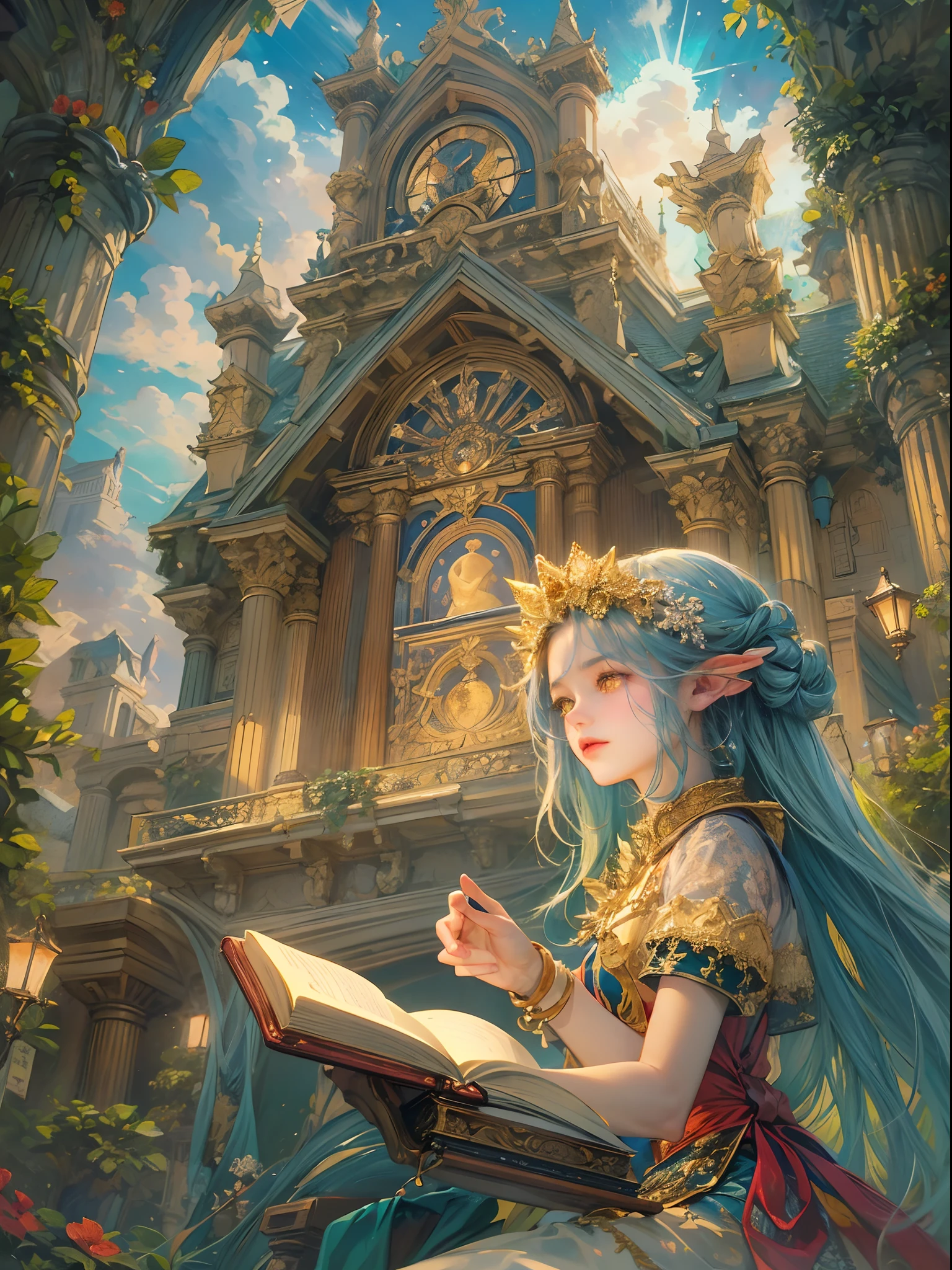 (absurdres, highres, ultra detailed, HDR), masterpiece, best quality, legend of mana character, heroine, detailed face, beautiful face with decorative detailed hair ornament, seraphina talking to a little  black haired angel with yellow eyes with magic book outside celestial palace, detailed character, detailed celestial place of goddess, laplace, detailed backdrop