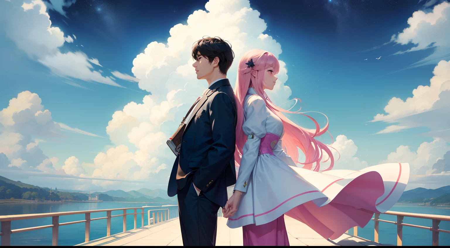 on a bright day, Clouds fluttering，Man and woman looking up at the sky back to back on the bridge，Character backs，Both sides extended their fingers to the sky，starry sky bright，Magpies fly，Quiet by the river，It was as if there were only two people left in the entire universe，Wear modern clothes to each other，small person，Men and women back to back，There are big scene posters，A man and a woman stood back to back on the bridge， Poster illustration，A beautiful artwork illustration, poster for, vibrant tourism poster, lie on white clouds fairyland, Chinese fantasy, Poster design, illustrated poster,Very dreamy，Horizontal version，Character backs，Chinese colors
