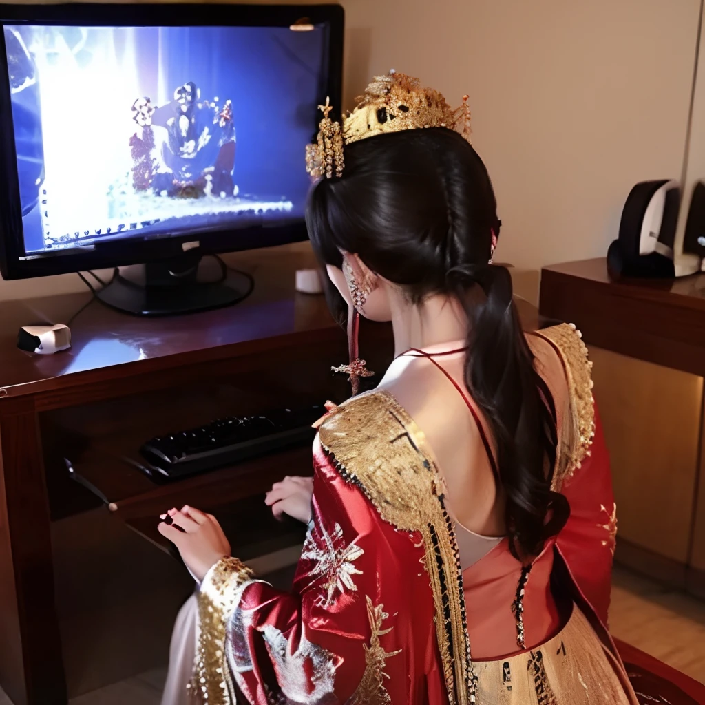 1girll,playgame,From behind,large monitor,keyboard,Red and gold dress,tiara,