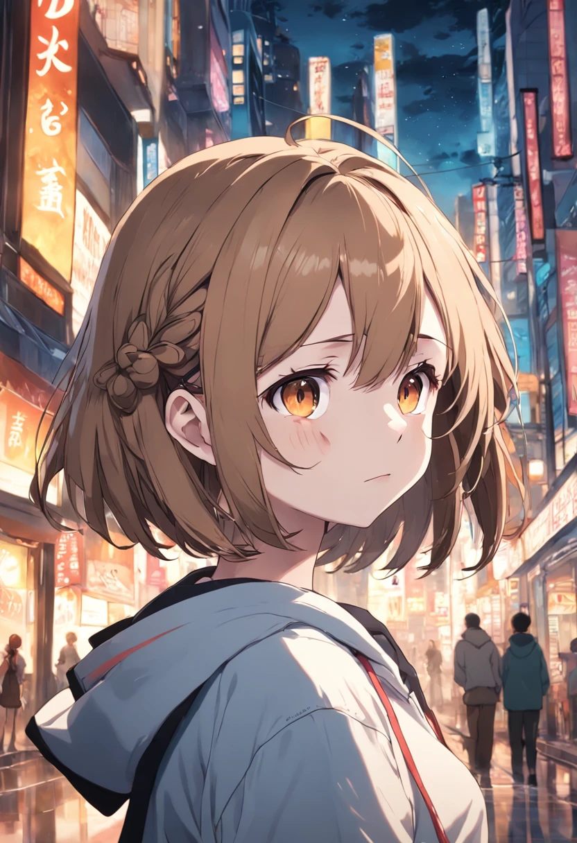 masutepiece, Best Quality,Illustration, Wallpaper, Ultra Detail, absurderes,Wearing a hoodie over a shirt,Light brown hair,1loli, Solo, (Medium short hair、short braided hair), Beautiful detailed yellow eyes , (Clear department), atlibrary,(a panoramic view:1.3),(Sense of depth:1.5),(longshot:1.3)