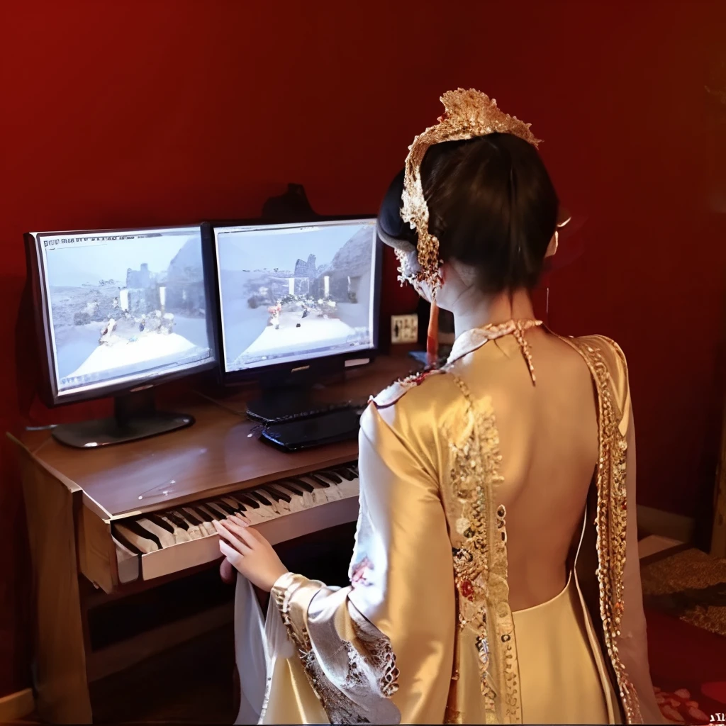 1girll,playgame,From behind,Large display,keyboard,Red and gold dress,head gear,