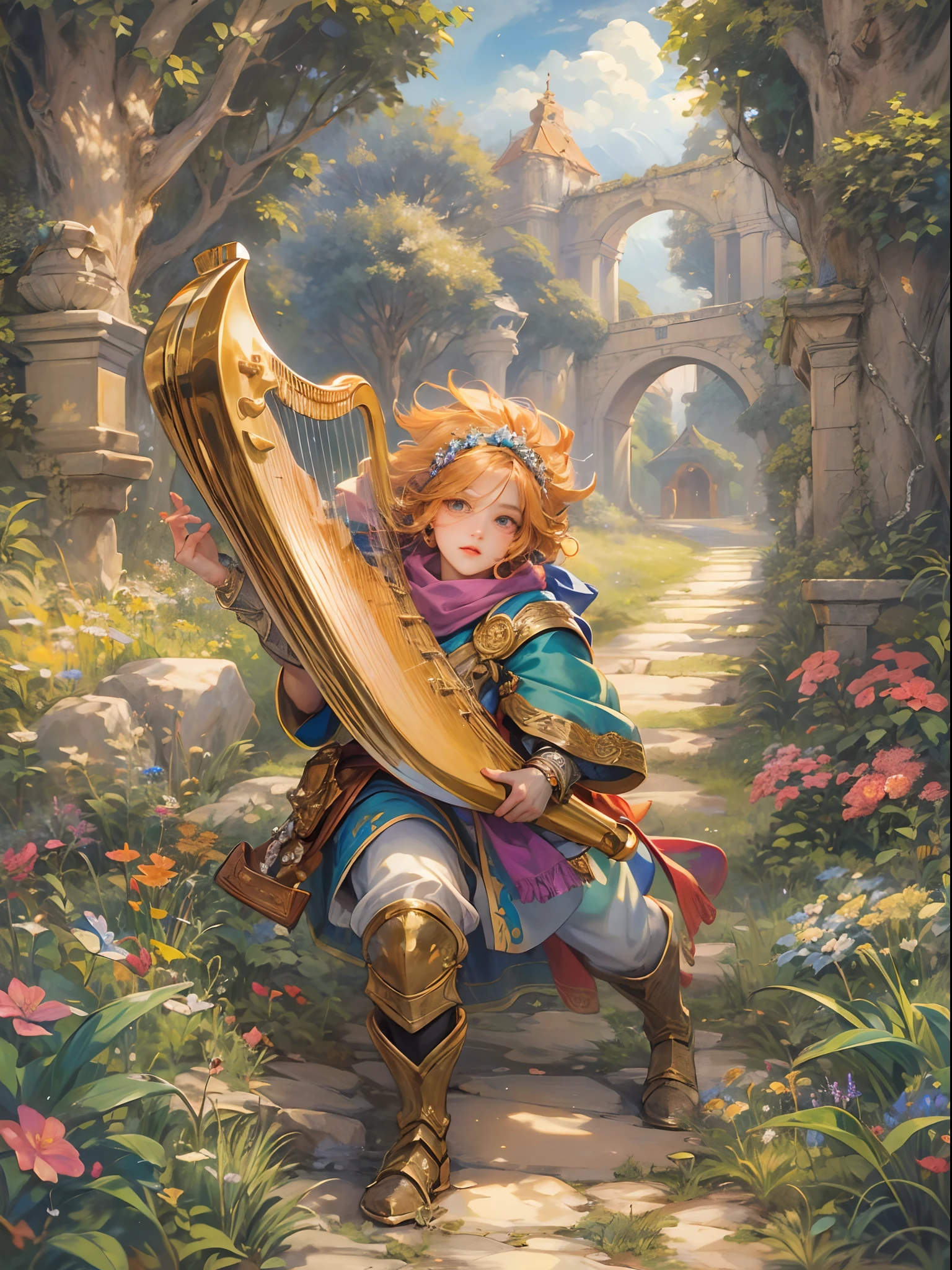 (absurdres, highres, ultra detailed, HDR), masterpiece, best quality, legend of mana character, handsome young hero wearing detailed scarf and hair ornament, detailed face, handsome face, shiloh playing the harp to outside with a knight in a deserted place, carrying detailed sword, strolling at the luon highway , detailed character, detailed outdoor, detailed highway field