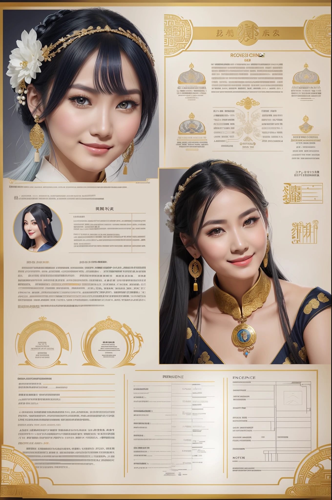 Adult woman, navy blue hair, The ends of gray hair, hairlong, beautiful hairstyle, hair ornament, white eyes, Chinese Clothing, Ornaments, Rings, Heels, Ancient Chinese themes, looking a viewer, Happy smile, overhead view, Lies on the money, gold coins, A mountain of money, Fantasy art, Beautiful painting of characters, Works of art in the style of Guvaika, epic exquisite character art, stunning character art, Beautiful rich Woman, perspective, really happy, closed eye, overhead view(reference sheet:1.5)