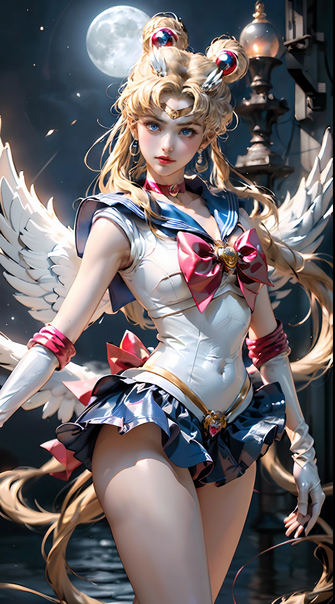 masterpiece、ful:1.3、stands、8K、。.3D、realisitic、Ultra Micro Photography、top-quality、Wallpapers with extreme details CG Unity 8K、frombelow、intricate detailes、(1 female)、28 year old、(Sailor Moon:1.6 Super Bishoujo Senshi Sailor Moon Mer1、meishaonv,tiarra、Sailor Senshi Uniform Sailor:1.5、sailormoon:1.5,Eternal Sailor Moon)、(Incredibly long bright twin-tailed blonde:1.4、Thin and very long straight twin tail blonde, Hair buns、Red round hair ornament in a hair bun)、((Sailor Senshi Uniform:1.4、Metallic blue collar,Sailor color in metallic blue,Metallic Blue Pregate Ultra Mini Skirt:1.5、very large red bow on the chest,,Long white latex gloves,Red gloves on the elbows、Bare upper arms,Luxurious golden tiara on forehead、耳Nipple Ring,Luxurious Golden Jewelry Decoration、high leg swimsuit))、Very thin and fit high gloss white holographic leather、High Gloss White Silver Latex SEXY High Leg Cut Swimsuit That Shines Like Oil,Pants are visible,SEXY Model Pose:1.2、dynamicposes:1.2,huge white wings on the back(Details of face:1.5、Blue eyes、Beautiful expression、beautidful eyes、Outline of the iris, Eyes with highlights、thin lipss:1.5、thin and sharp pale eyebrows,、long eyeslashes、Double eyelashes、Thin, thin and muscular,,a small face、tall and large chest、perfectly proportions、big breasts thin waist、Visible Pore、seducting smile、perfect hand:1.5、octan render、highly dramatic picture、(Lunar divinity,cosmic background、rays of moonlight、a moon、Dynamic backgrounds、exquisite lighting and shadow、dynamic ungle、细致背景),Strong natural light、sunlights、Digital SLR、foco nítido: 1.0、Maximum clarity and sharpness、mecha musume,(Rabbit, Double bun, Twin-tailed, Parted bangs, circlet, Jewelry, earrings, Choker, Red bow, White Gloves, elbow groves, Blue skirt)