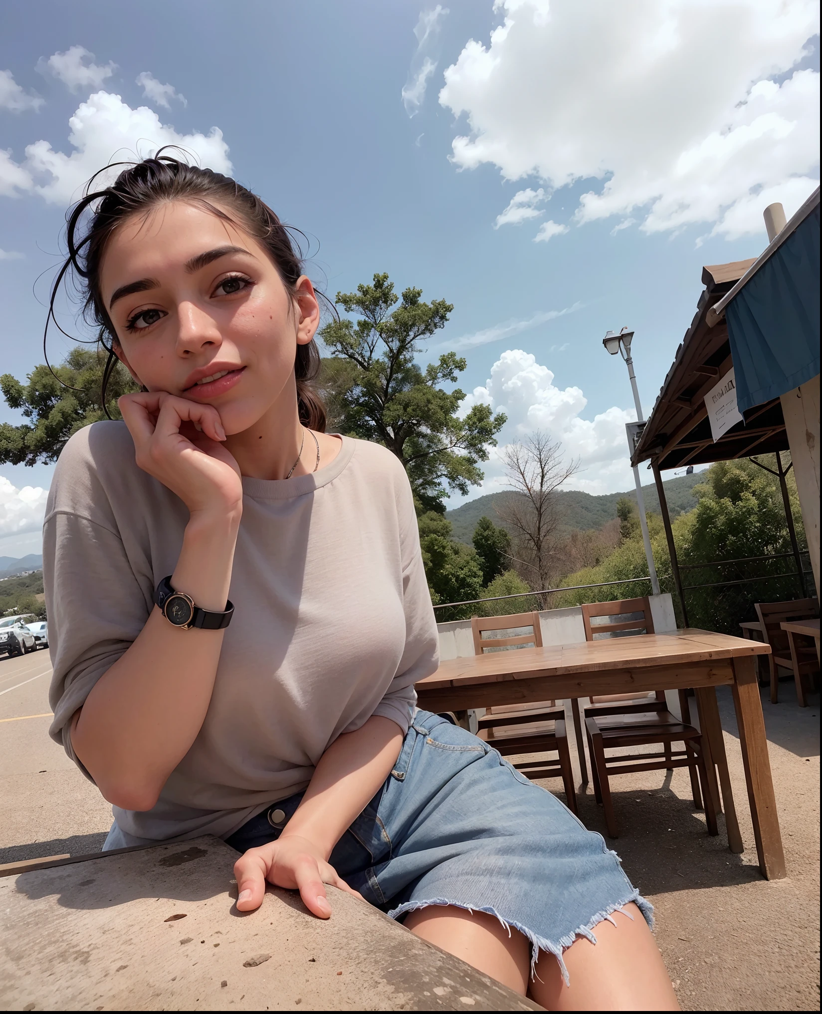 There is a beautiful smiling woman sitting at a table with a watch on her wrist, Pose casual, sentado em uma mesa, Lorena Avarez, sente-se casualmente, Karla Ortiz, ela tem cerca de 1 6 anos de idade, taken in the early 2020s, sentado em uma mesa cor de mocha, fernanda suarez, casual, 18 anos, cool looking, fotografiarrealista, fotografia, obra-prima, realista, Realismo, renderizado, Alto contraste, Arte Digital, fotográficorealista, trend in Artstation 8k HD, high definiton, circunstanciado, Realistic, detalhada, textura da pele, hiperdetalhada, Textura realista da pele, melhor qualidade, ultra high-resolution, (fotografiarrealista: 1.4), alta resolução, detalhada, fotografia crua, sharp resolution, Nikon D850 filmes, fotografia de stock 4, Kodak Portra 400 Camera F1 Lens.6, textura hiper realista, lighting dramatic, Unrealistic trend in Artstation Cinestill 800, ..RAW. Directed by: Lee Jeffries.