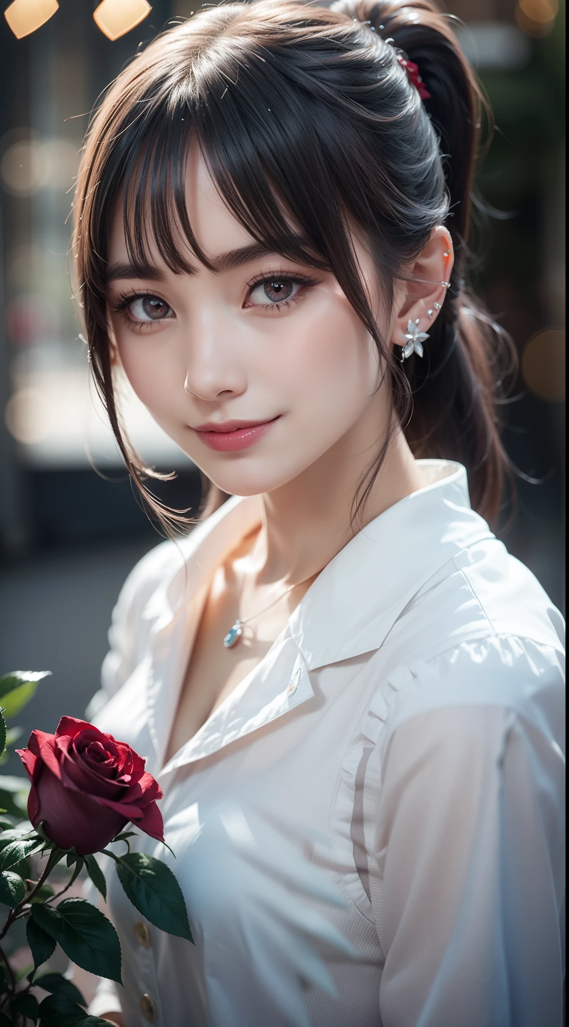 Garden covered with red roses in the background, Silver hair, front ponytail, eyes reflection, red contact lenses, Pink eyes,Heterochromia, Wear earrings, Blue crystal pendant,Evil smile, High detail, romanticism lain, Depth of field, Sparkle, Ray tracing, viewfinder, zoom layer, Close-up, Bokeh, Anatomically correct, High details, 1080p, hyper HD