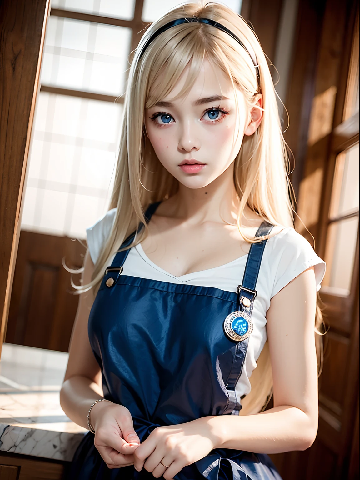 photorealisim、top-quality、超A high resolution、a picture、Photo of an exquisitely beautiful Nordic--year-olrl、Deled cute and beautiful face、(pureerosface_v1:0.008)、Beautiful bangs、alice in the wonderland、Glowing white shiny skin、bangss、Super long hair、Attractive Natural Platinum Blonde Super Long Straight Silky Hair、finer hair、Attractive glowing beautiful bright clear light blue big eyes、White Apron、a blue dress、eye liner、Double eyelids、Lush bust、aureole、Glows fantastically