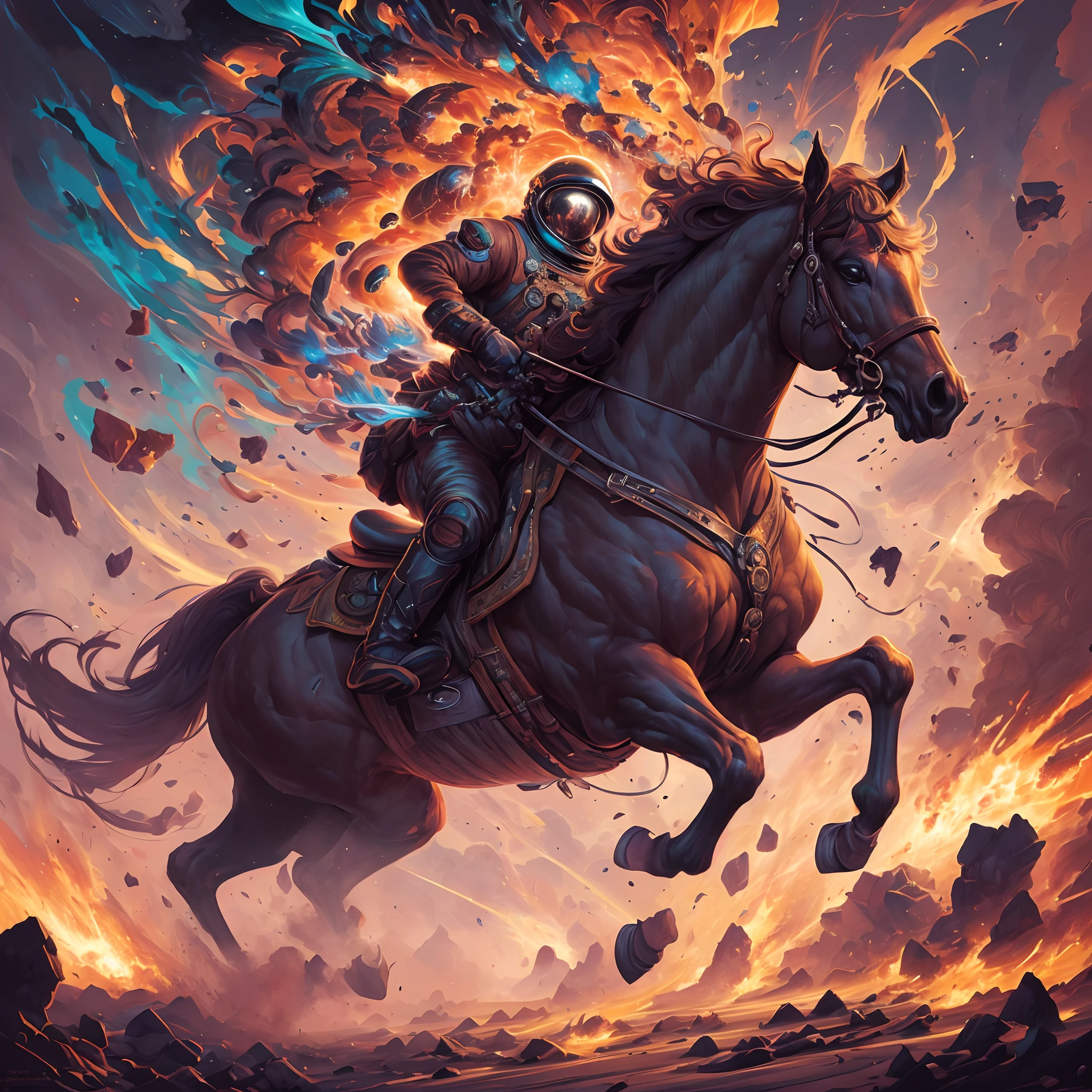 Highly (dynamic:1.2) scene art detailed (Apterus:1.2) 1cosmonaut on a 1full body horse, (fantastic amazing decoration:1.2), abstract beauty, explosive volumetric, Delightful anatomy, (fantastic horror perfect art, 64k ultra hd:1.1), (art by apterus, art by dan mumford:1.2)