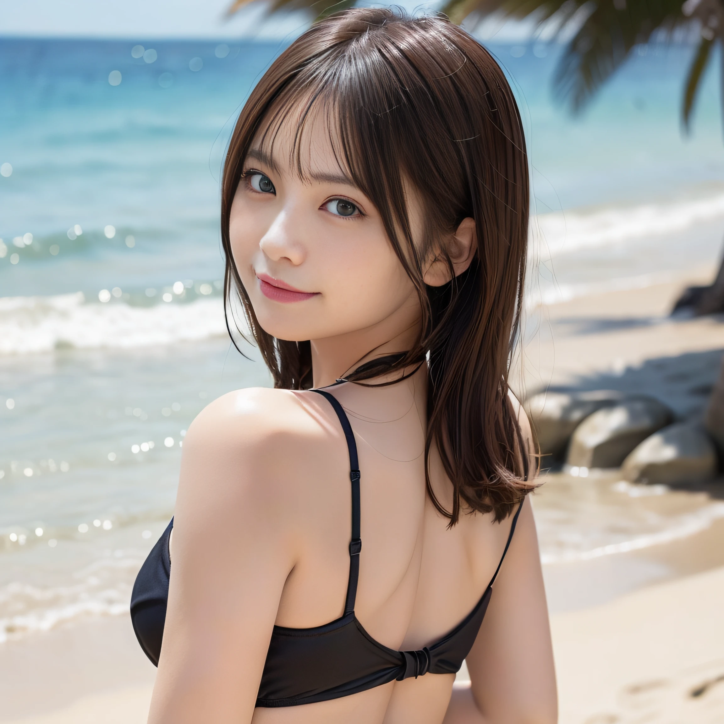 in 8K,Best Quality:1.4, 超A high resolution:1.5, (Photorealistic:1.4),​masterpiece:1.2,(top-quality:1.4)、 Raw photo、 (From the knee up:1.4, From Side:0.7), (the background is blurred), sea side, sand beach, 1日本人の女の子, Cute, (Solo:1.4), (Shy smile), Smooth skin、Floral Bikini:1.3、 (Brown medium hair,Bangs), (touch hair:1.4),nogizaka,Cute swimsuit,Supple fingertips,Beautiful black eyes、natural skin textures:1.3, realistic eyes and face details:1.7、middlebreasts、Back shot:1.2、the setting sun、Gravure Pose：1.1、Toned buttocks:1.5、Hands behind the head、gazing at viewer