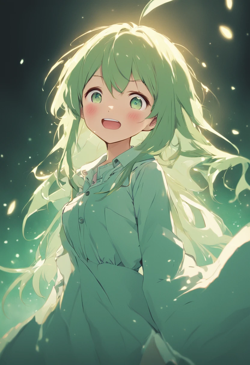 {{Best Quality}}, {{masutepiece}}, {{Ultra-detailed}}, {Illustration}, {Detailed light}、[[[[grinning evily]]]], Smile、Shy laughter、Anime girl with green eyes and white shirt, anime moe art style, Lori, Rei Hiroe, small curvy loli, In an anime style, loli in dress, lolish, subtle anime style, Shirabii, an anime girl, cute natural anime face、