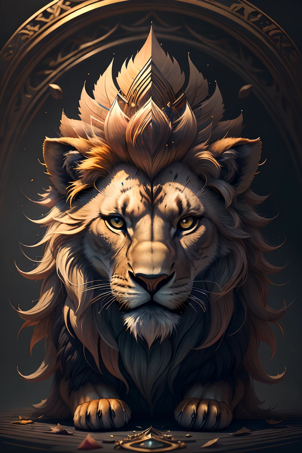Ultra resolution 8K, A closeup of a lion's face against a dark background, Um design surreal colorido plano, coragem, detalhes extremamente altos, Charismatic beauty, dualidade primal, em uma tela, perfect coloring, Uma imagem gerada por IA, desenho elegante, Cores vibrantes