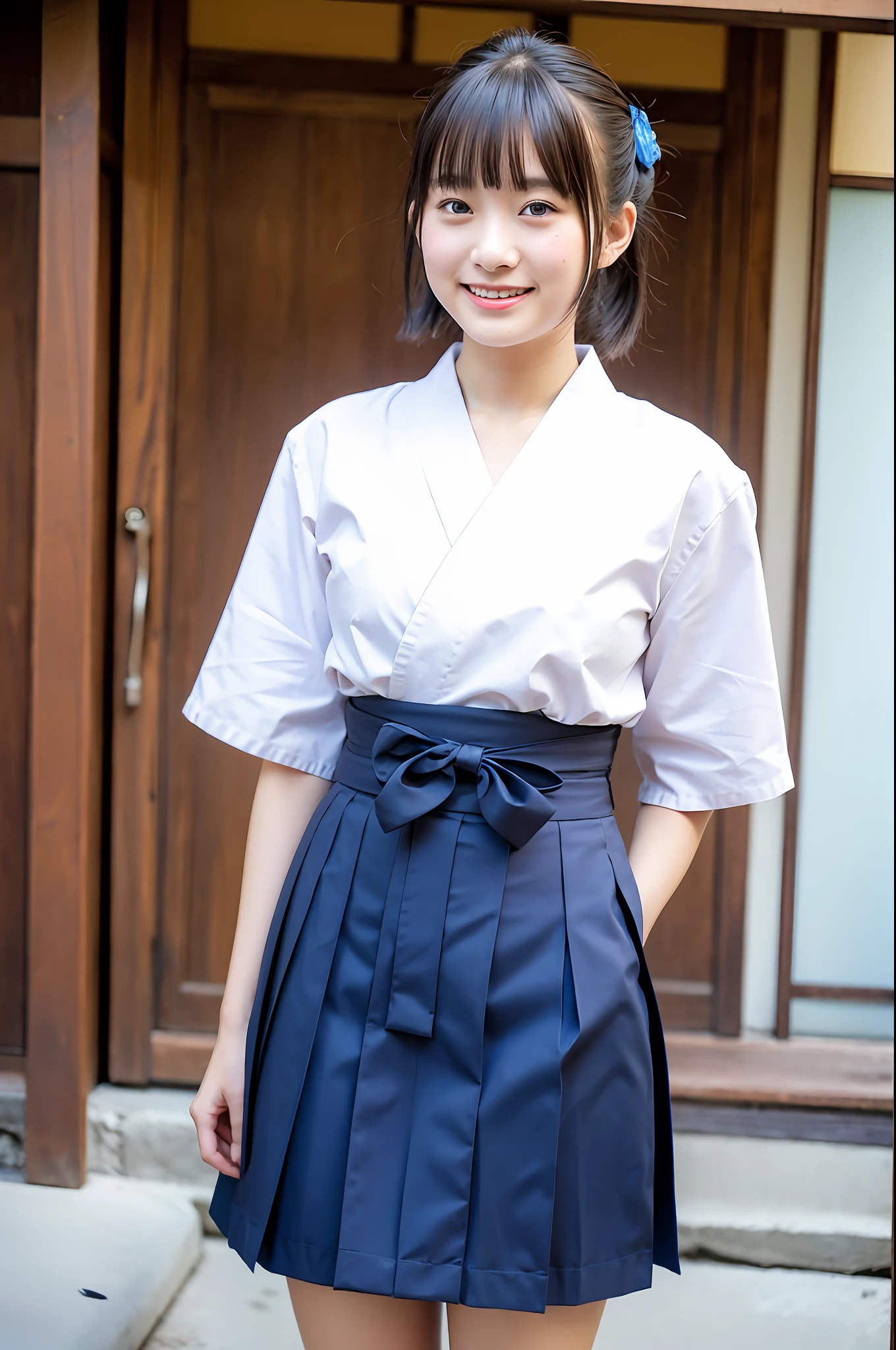 girl in old-japan town,white hakama-top,navy blue school skirt,vermilion string hair-bow,18-year-old,bangs,a little smile,thighs,crotch,knees,short cut hair,pigtail,from below