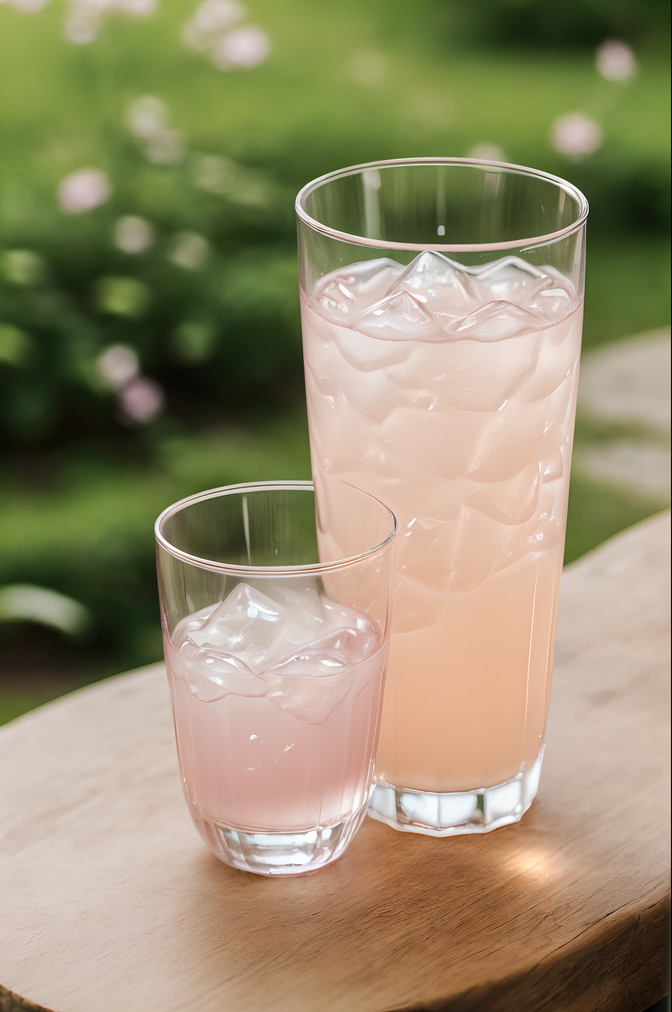 Large glass of cold ice and pale pink soda, Summer Feeling, delicado, Ultra detallado, Luz suave, bokeh de enfoque de campo profundo, Trazado de rayos, distracted, ultrafino, taza redonda, Linda taza ovalada, Fondo verde claro, papel de pared, verde de fondo, Super delicate water pattern (ultra-fine glass reflection)、Serve with small flowers