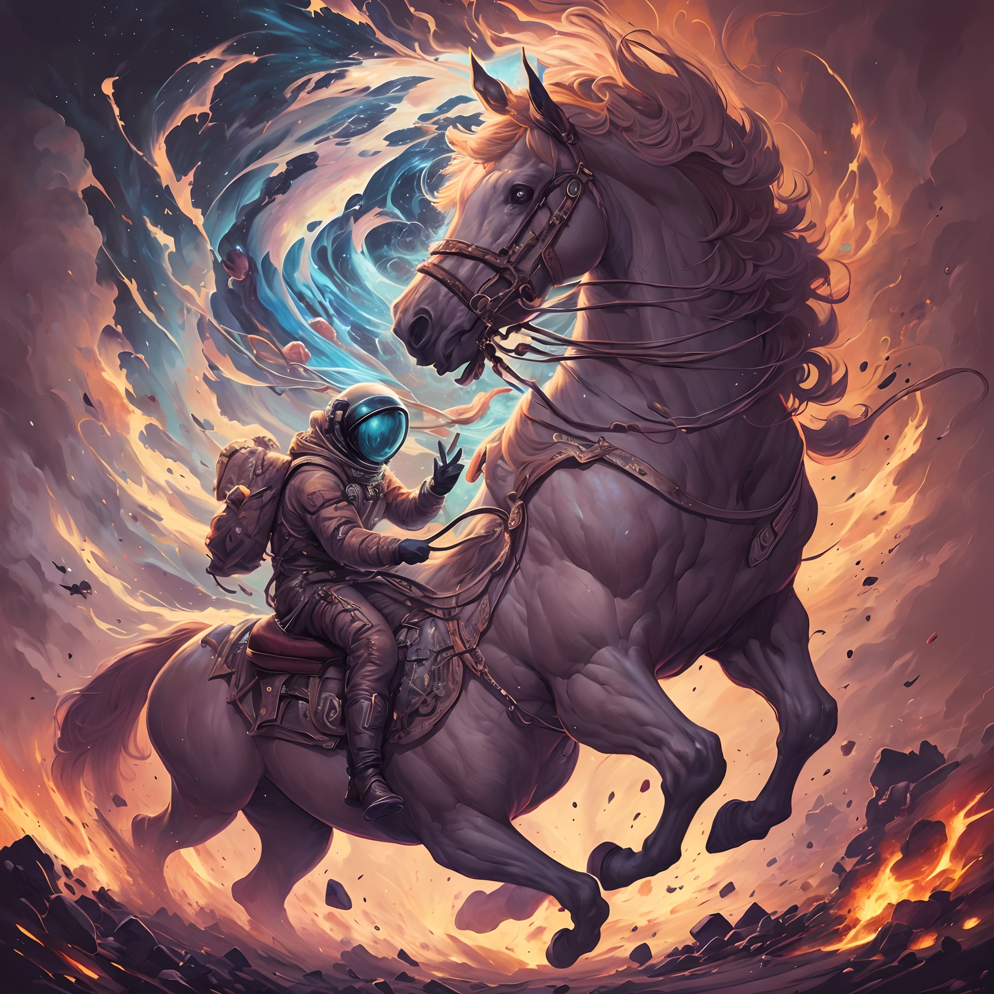 Highly (dynamic:1.2) scene art detailed (Apterus:1.2) 1cosmonaut on a 1full body horse, (fantastic amazing decoration:1.2), abstract beauty, explosive volumetric, Delightful anatomy, (fantastic horror perfect art, 64k ultra hd:1.1), (art by apterus, art by dan mumford:1.2)