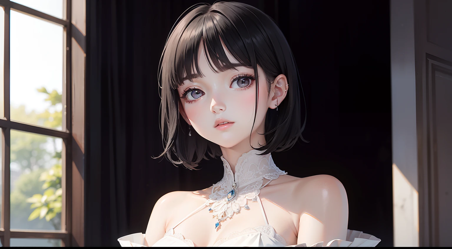 tmasterpiece,best qualtiy,1 girlirl,Short flowing black hair,Short white dress,The skin is white and delicate,Delicate and beautiful face,Elaborate Eyes