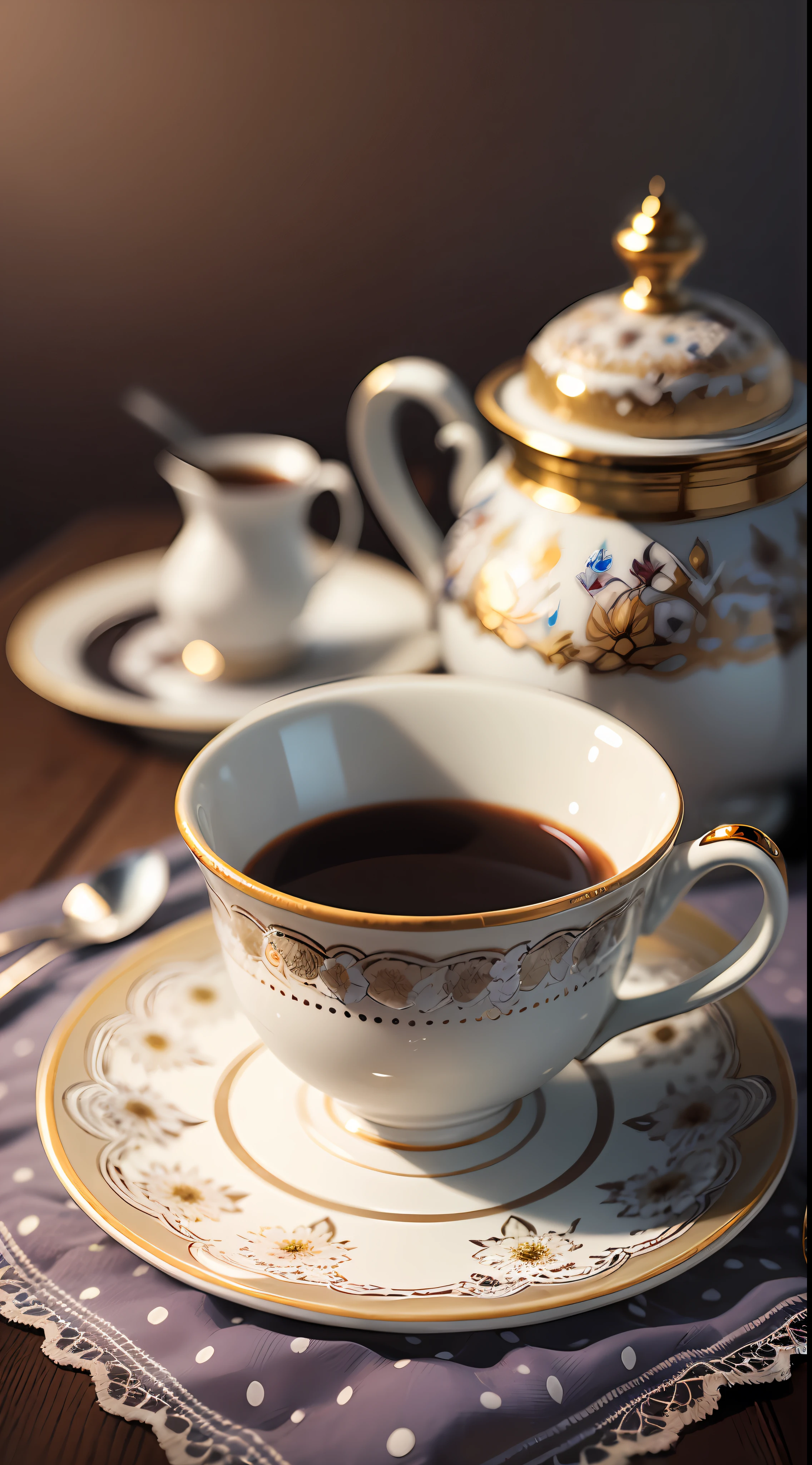 Coffee in a lovely gourmet cup, Good morning , spoon, sugar, Coffee BeansPrint Flowers, dessert, lace, crystals, Golden Lines, Professional, Realistic, Top Quality, tmasterpiece, polka dot tablecloth, Full color, a pastry --auto --s2