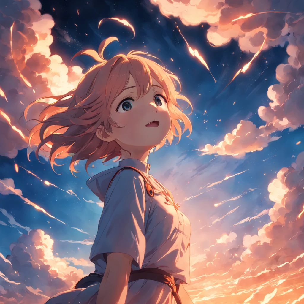 masterpiece, best quality, movie still, 1girl, cloud girl, floating in the sky, close-up, bright, happy, warm soft lighting, sunset, (sparks:0.7)