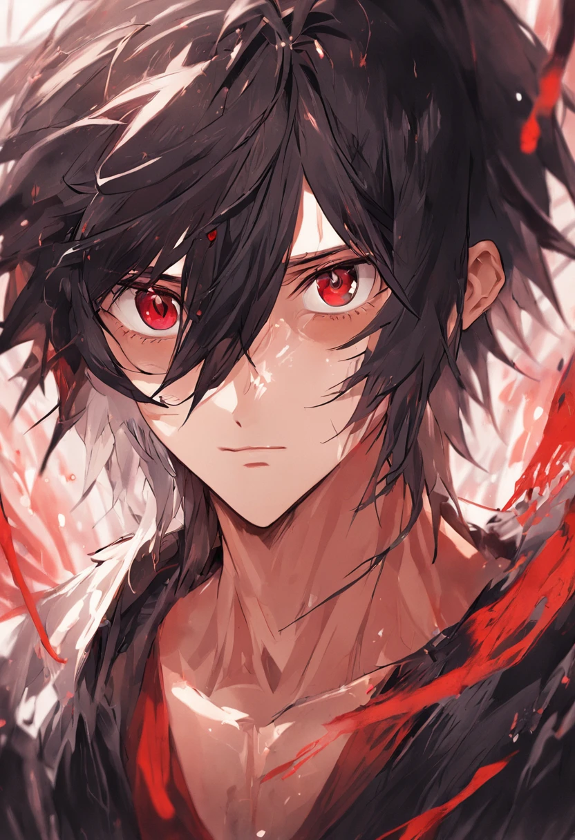 Handsome youth,closeup cleavage,head portrait,黑The eye,Black hair,火焰,long canine teeth,blood in face,with long coiled hair,(blood stains at the corners of the mouth:1.4),Blood,depth of fields,dynamic blur,high light,Real light,Ray traching,oc rendered,Hyper-realistic,best qualtiy,8K,Works of masters,super-fine,Detailed pubic hair,Correct anatomy,sharp focus on eyes,Bokeh,Facial features are carefully depicted