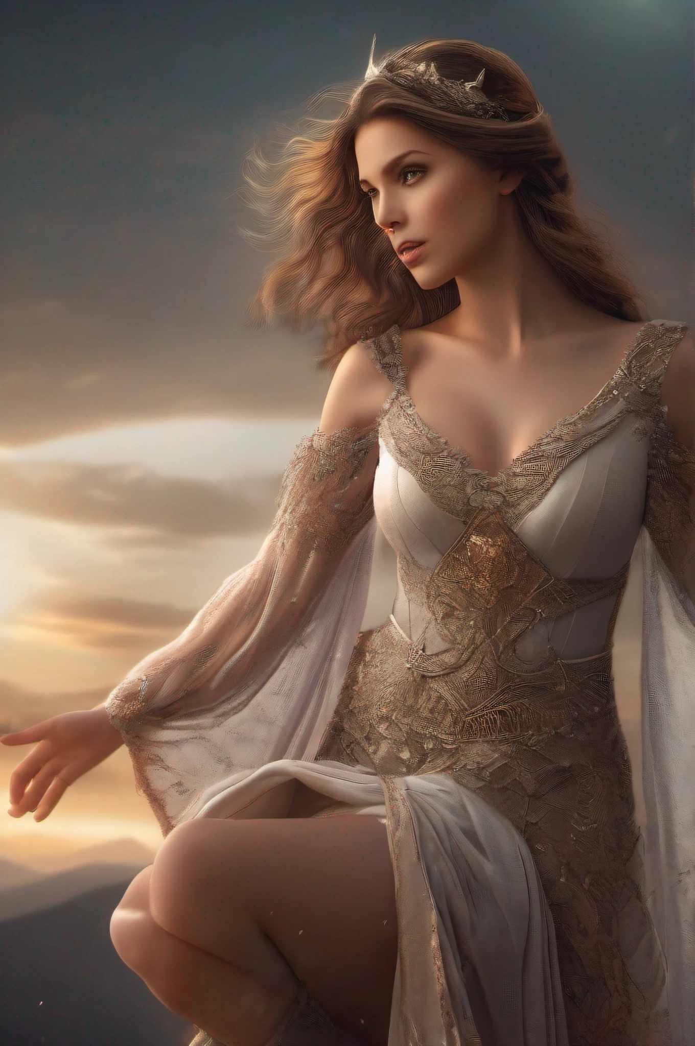 Beautiful girl, full bodyesbian, Attractive body, Slim beautiful body, Attractive beautiful face, Big chest, Beautiful flowing dress, Realistic eyes, The eyes of a doe, standing on top of a mountain, Arms outstretched, full body shot of, Ultra HD, hdr, Dramatic lighting, voluminetric lighting, intricately details, Masterpiece, 8K