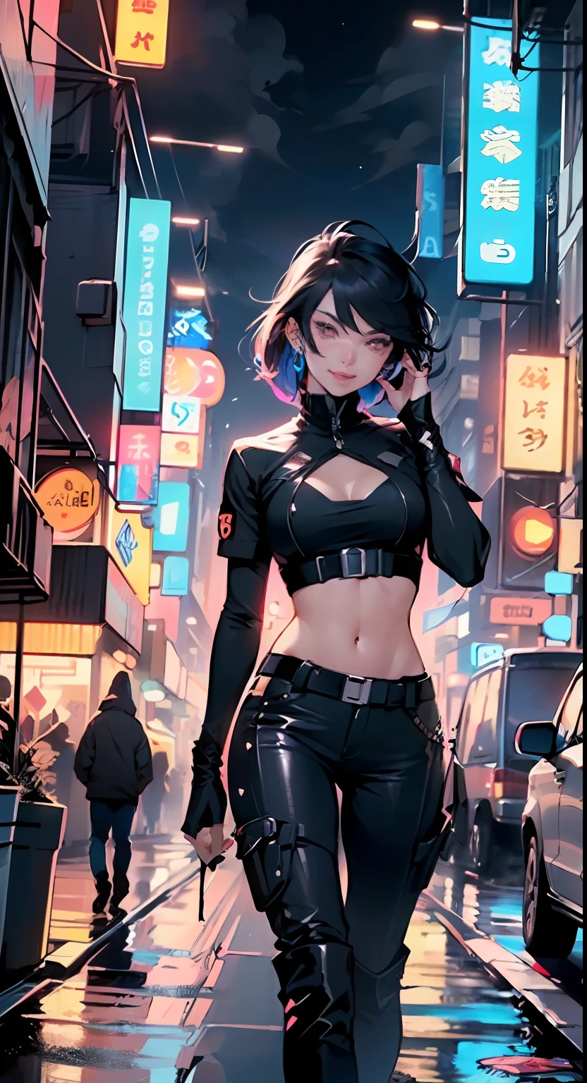 bounty hunter man,(((1man))),((anime man walking down the street)),
(((1male,man,handsome man,male,male gender,male focus))),
((medium black hair,disheveled hair,blue hair,black hair,two-tone hair)),(((lustrous skin:1.5,tanned skin,bright skin: 1.5,skin tanned,shiny skin,very shiny skin,shiny body))),((detailed eyes,perfect eyes,rainbow glows ultra-detailed orange brown eyes:1.1,gradient eyes:1,finely detailed beautiful eyes:1,symmetrical eyes:1,big highlight on eyes:1.2)),man chest,handsome face,((muscular,hairy body,muscular man)),((hand consists of a short thumb and four fingers,a hand with only five fingers,(detailed face))),
alluring look,nsfw,
bounty hunter pants,((bulge in pants)),((bounty hunter outfit)),(wearing a bounty hunter outfit:1.3,bounty hunter clothes),(detailed outfit,detailed clothes),
(dynamic pose:1.0),solo focus,((evil smile,evil look)),centered,scale to fit dimensions,Rule of thirds,
outdoors,((night view)),(very pretty city neon synthwave,cyberpunk night street Background:1.5,dark sky,thick clouds),future vehicles,((neon lights)),thick clouds,(cyberpunk style,neon lights, (synthwave theme background), lonely street),(((detailed background:1.25))),
(best quality),(high resolution),(sharp focus),(ultra detailed),(extremely detailed),(extremely high quality artwork),8k_wallpaper,(extremely detailed CG 8k),(very fine 8K CG),((hyper super ultra detailed perfect piece)),flawless,(((masterpiece))),illustration,vibrant colors,(intricate),High contrast,Selective lighting,Double exposure,HDR (High Dynamic Range),Post-processing,Background blur,