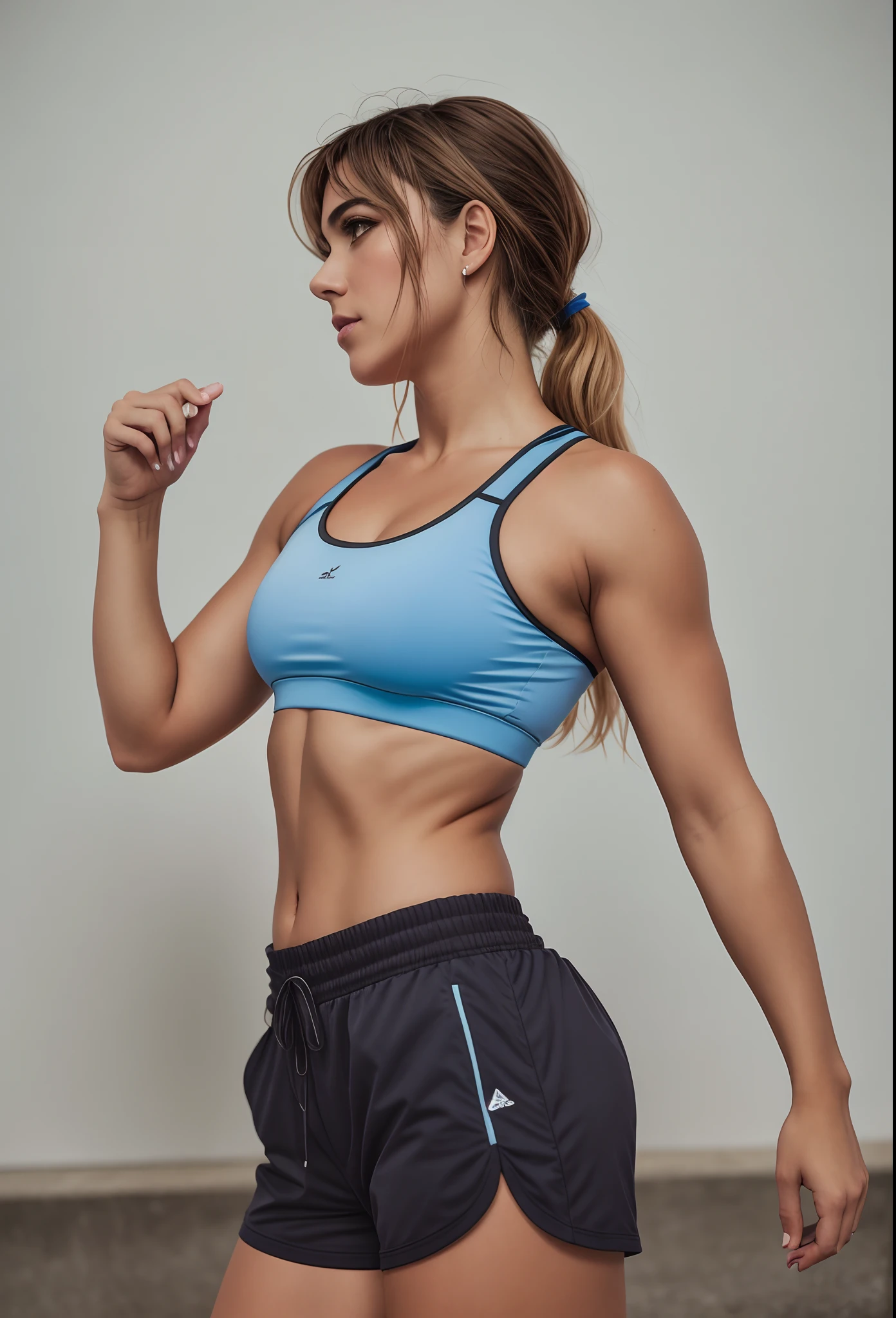 Beautiful woman arafed in a blue sports bra top and black shorts, foto fit,  em forma, sporty physique, sport bra and shorts, corpo tonificado, modelo fitness, brassier, mulher em forma, malhar, sport bra and dark blue shorts, usando equipamento de fitness, bem tonificado, Esporte bom, Encaixe figura delicada, corpo em forma, Atenuada, fotografiarrealista, fotografia, obra-prima, realista, Realismo, renderizado, Alto contraste, Arte Digital, fotográficorealista, trend in Artstation 8k HD, high definiton, circunstanciado, Realistic, detalhada, textura da pele, hiperdetalhada, Textura realista da pele, melhor qualidade, ultra high-resolution, (fotografiarrealista: 1.4), alta resolução, detalhada, fotografia crua, Crisp resolution, nikon d850 filme, fotografia de stock 4, Kodak Portra 400 Camera F1 Lens.6, textura hiper realista, lighting dramatic, Unrealistic trend in Artstation Cinestill 800, RAW. Directed by: Lee Jeffries.
