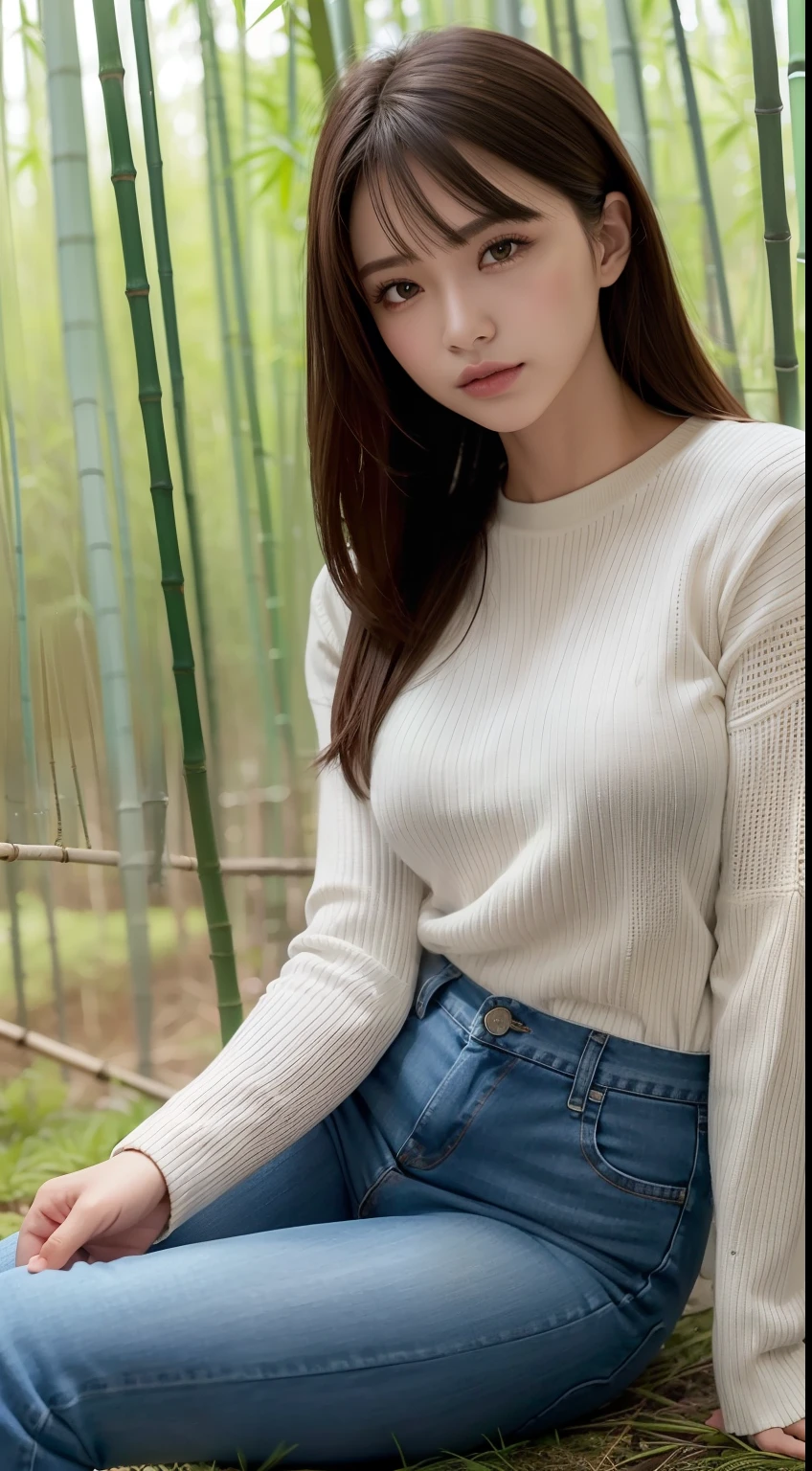 a pregirl，looking at viewert，Tight sweater，skintight jeans，photore, realisticlying, Best quality at best， 详细的脸，Detailed eyes，Sitting on the mossy ground in a bamboo forest， diffuselighting, depth of fields