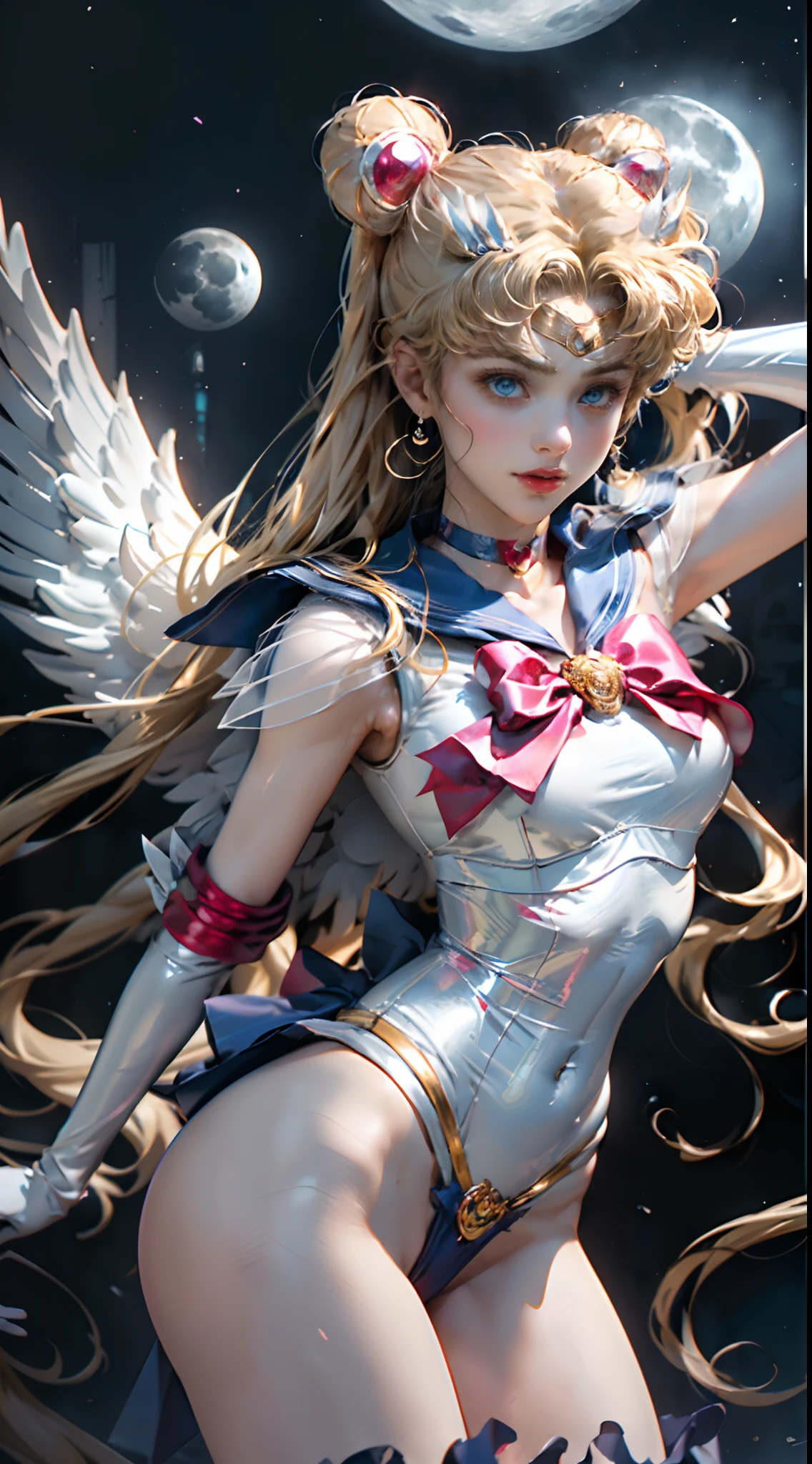masterpiece、ful:1.3、stands、8K、。.3D、realisitic、Ultra Micro Photography、top-quality、Wallpapers with extreme details CG Unity 8K、frombelow、intricate detailes、(1 female)、28 year old、(Sailor Moon:1.6 Super Bishoujo Senshi Sailor Moon Mer1、meishaonv,tiarra、Sailor Senshi Uniform Sailor:1.5、sailormoon:1.5,Eternal Sailor Moon)、(Incredibly long bright twin-tailed blonde:1.4、Thin and very long straight twin tail blonde, Hair buns、Red round hair ornament in a hair bun)、((Sailor Senshi Uniform:1.4、Metallic blue collar,Sailor color in metallic blue,Metallic Blue Pregate Ultra Mini Skirt:1.5、very large red bow on the chest,,Long white latex gloves,Red gloves on the elbows、Bare upper arms,Luxurious golden tiara on forehead、耳Nipple Ring,Luxurious Golden Jewelry Decoration、high leg swimsuit))、Very thin and fit high gloss white holographic leather、High Gloss White Silver Latex SEXY High Leg Cut Swimsuit That Shines Like Oil,Pants are visible,SEXY Model Pose:1.2、dynamicposes:1.2,huge white wings on the back(Details of face:1.5、Blue eyes、Beautiful expression、beautidful eyes、Outline of the iris, Eyes with highlights、thin lipss:1.5、thin and sharp pale eyebrows,、long eyeslashes、Double eyelashes、Thin, thin and muscular,,a small face、tall and large chest、perfectly proportions、big breasts thin waist、Visible Pore、seducting smile、perfect hand:1.5、octan render、highly dramatic picture、(Lunar divinity,cosmic background、rays of moonlight、a moon、Dynamic backgrounds、exquisite lighting and shadow、dynamic ungle、细致背景),Strong natural light、sunlights、Digital SLR、foco nítido: 1.0、Maximum clarity and sharpness、mecha musume,(Rabbit, Double bun, Twin-tailed, Parted bangs, circlet, Jewelry, earrings, Choker, Red bow, White Gloves, elbow groves, Blue skirt)