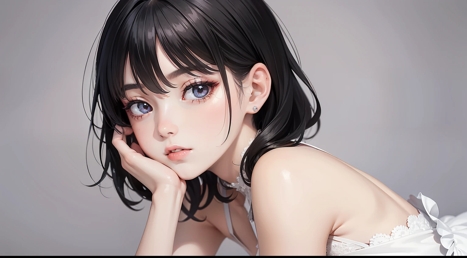 tmasterpiece，best qualtiy，1 girlirl，Short flowing black hair，Short white dress，The skin is white and delicate，Delicate and beautiful face，Elaborate Eyes