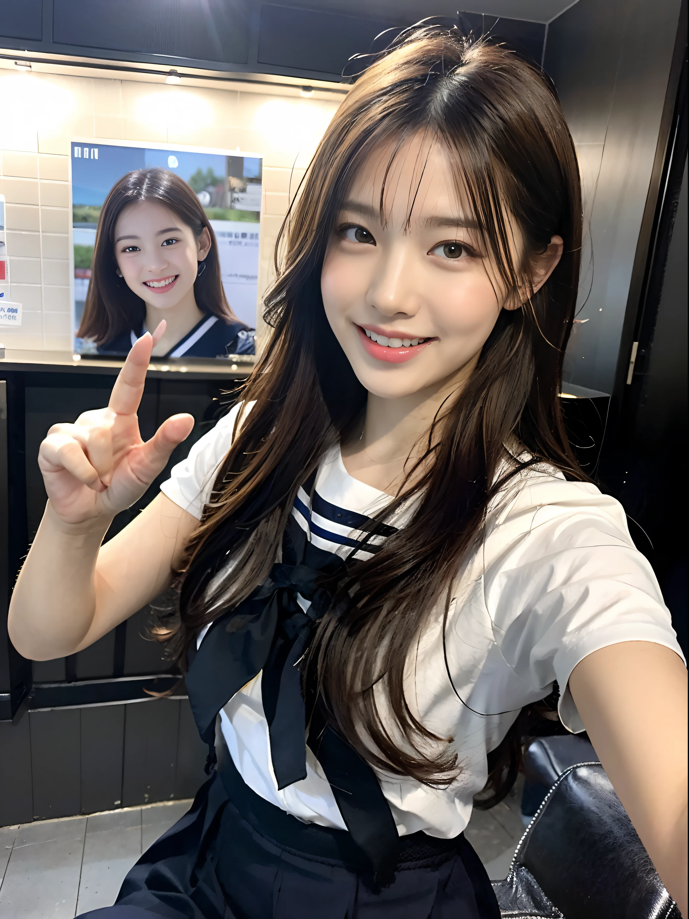 (8K、Raw photography、top-quality、masterpiece:1.2)、ultra-detailliert、ultra res、(hyper realisitic:1.4)、(Using the kiss you throw as a camera)From above、Camera from above、Camera angle from above、I'm looking at this with upward eyes、Arms outstretched、arms spread wide、High-quality images taken with a camera from above、Above the sea、、Offshore Girl(Fantastic lighting)head to waist、sexy pose、Very embarrassing、Erotic Poses、A sexy、Raw feet、odious waist、de pele branca、Fair-skinned female proofreading、An ultra-high picture quality、、Beautiful female proofreading reflecting in light、amazing detailed、Beautiful girls in very detailed、Faces with different patterns、Different face patterns、Each hairstyle has its own characteristics、Farbe々Hairstyle、Farbe々Hair color shining with clean light、I enjoy fishing on a boat、Brown hair shining in the light、One has a ponytail、、Modern cute high school girl、very detailed faces very detailed eyes、Very realistic skin、 extremely detailed fingers, highly detailed nose, highly detail mouth, perfect anatomia, Highly detailed sailor suit、、The details of their hair and uniforms shine through、Burning teeth and smiling、Realistic body, de pele branca, glistning skin, Slim body, Long straight hair, (Blunt bangs:1.2), , nixeu and sakimichan, TWICE, Seifuku, sakimichan, JK Uniform, wearing japanese school uniform, promo still, Larisa Manobal, Japan school uniform, japanese girl school uniform, alena aenami and lilia alvarado