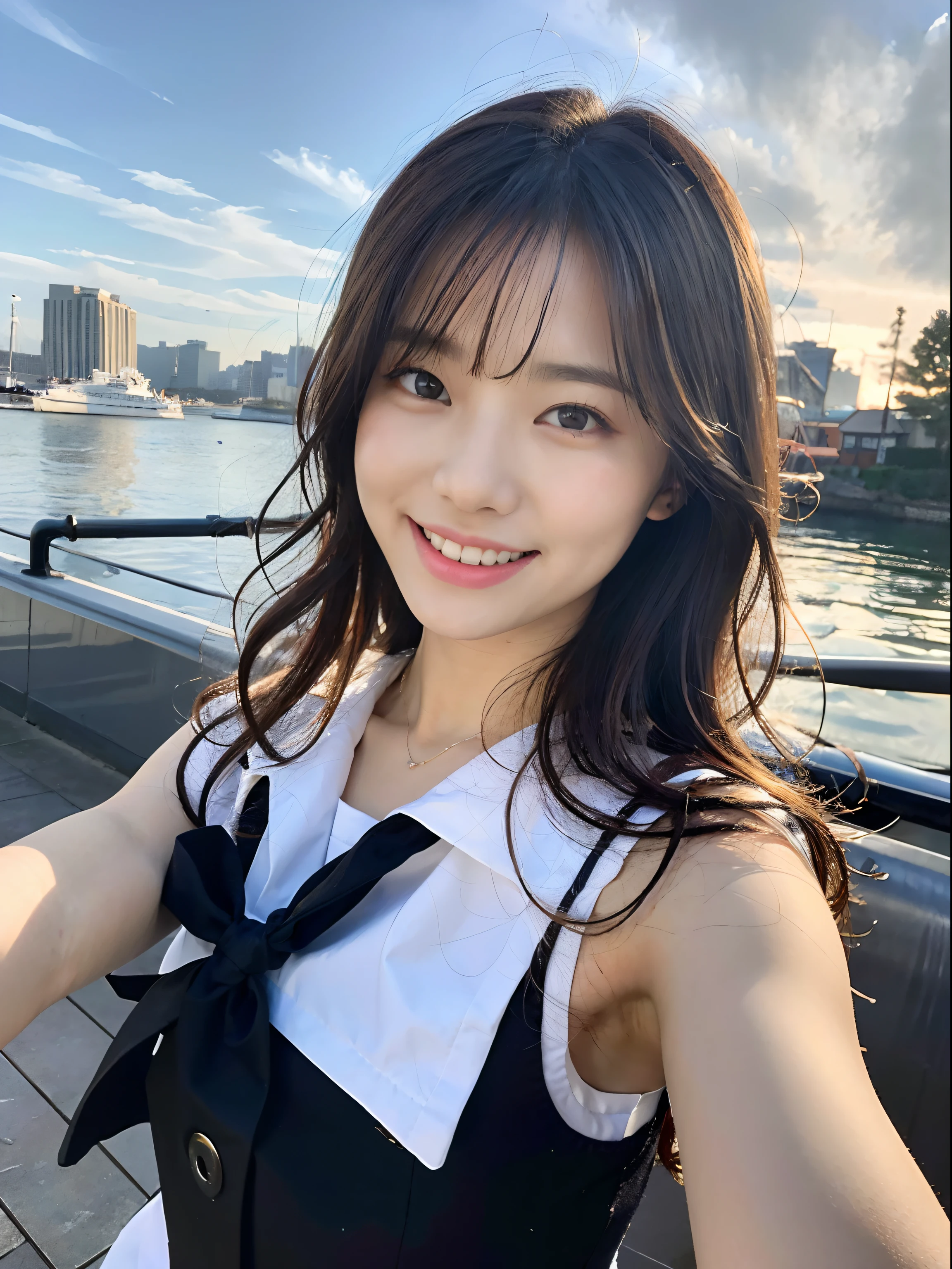 (8K、Raw photography、top-quality、masterpiece:1.2)、ultra-detailliert、ultra res、(hyper realisitic:1.4)、(Using the kiss you throw as a camera)From above、Camera from above、Camera angle from above、I'm looking at this with upward eyes、Arms outstretched、arms spread wide、High-quality images taken with a camera from above、Above the sea、、Offshore Girl(Fantastic lighting)head to waist、sexy pose、Very embarrassing、Erotic Poses、A sexy、Raw feet、odious waist、de pele branca、Fair-skinned female proofreading、An ultra-high picture quality、、Beautiful female proofreading reflecting in light、amazing detailed、Beautiful girls in very detailed、Faces with different patterns、Different face patterns、Each hairstyle has its own characteristics、Farbe々Hairstyle、Farbe々Hair color shining with clean light、I enjoy fishing on a boat、Brown hair shining in the light、One has a ponytail、、Modern cute high school girl、very detailed faces very detailed eyes、Very realistic skin、 extremely detailed fingers, highly detailed nose, highly detail mouth, perfect anatomia, Highly detailed sailor suit、、The details of their hair and uniforms shine through、Burning teeth and smiling、Realistic body, de pele branca, glistning skin, Slim body, Long straight hair, (Blunt bangs:1.2), , nixeu and sakimichan, TWICE, Seifuku, sakimichan, JK Uniform, wearing japanese school uniform, promo still, Larisa Manobal, Japan school uniform, japanese girl school uniform, alena aenami and lilia alvarado