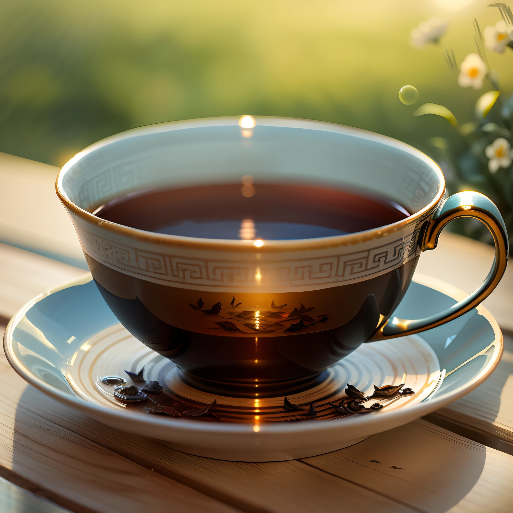 hig quality，Masterpieces，tea、Chinese black tea leaves，luster，Tea leaves in water，A teacup is a glass、Translucent，Teacup on wooden table，The background is a garden，Soft sunshine in the morning，