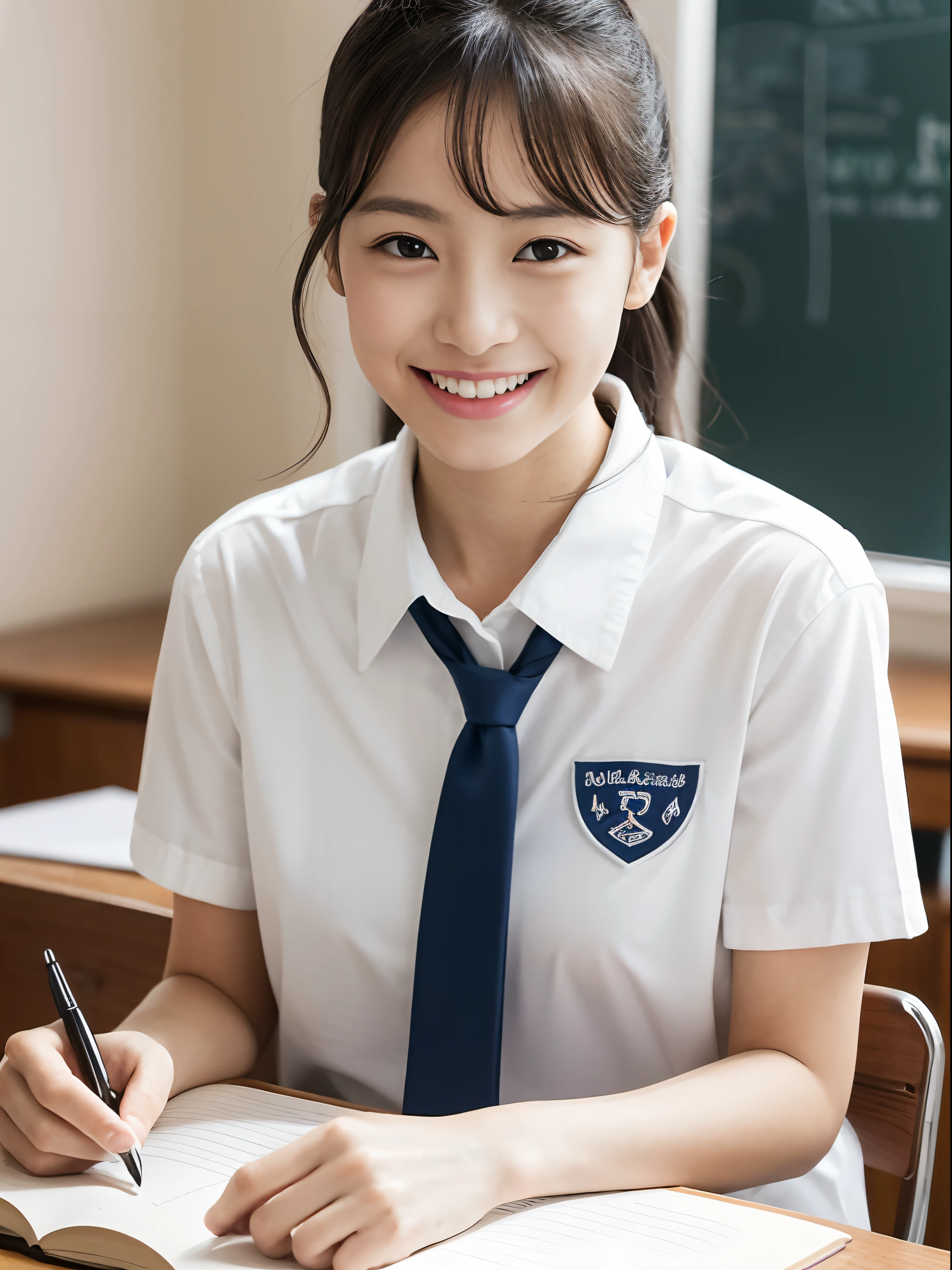 (masterpiece、high-level image quality、foco nítido)、Wearing a white shirt with short sleeves、neck tie、have a pen、1 notebook、1 book、cute little:1.5、A Japanese Lady、17 age、Study at your desk、school classrooms、A smile、(perfect anatomia、Precise and beautiful limbs)、autumnal、