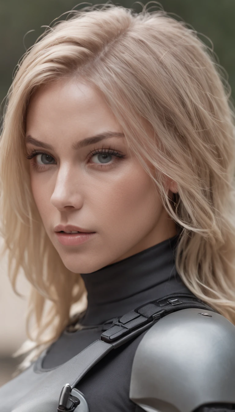 German woman, 30 years old, with accurate features, strong jawline,short floppy hair, blonde hair, blue eyes, dynamic angle shot, toned body, neck zoomed in, centered, wide high angle view, wearing futuristic military uniform, science fiction
