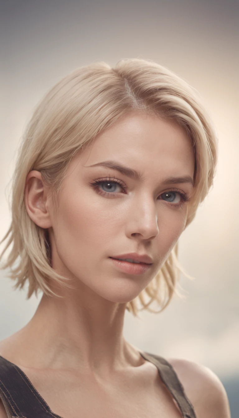 German woman, 30 years old, with accurate features, strong jawline,short floppy hair, blonde hair, blue eyes, dynamic angle shot, toned body, neck zoomed in, centered, wide high angle view, wearing futuristic military uniform, science fiction