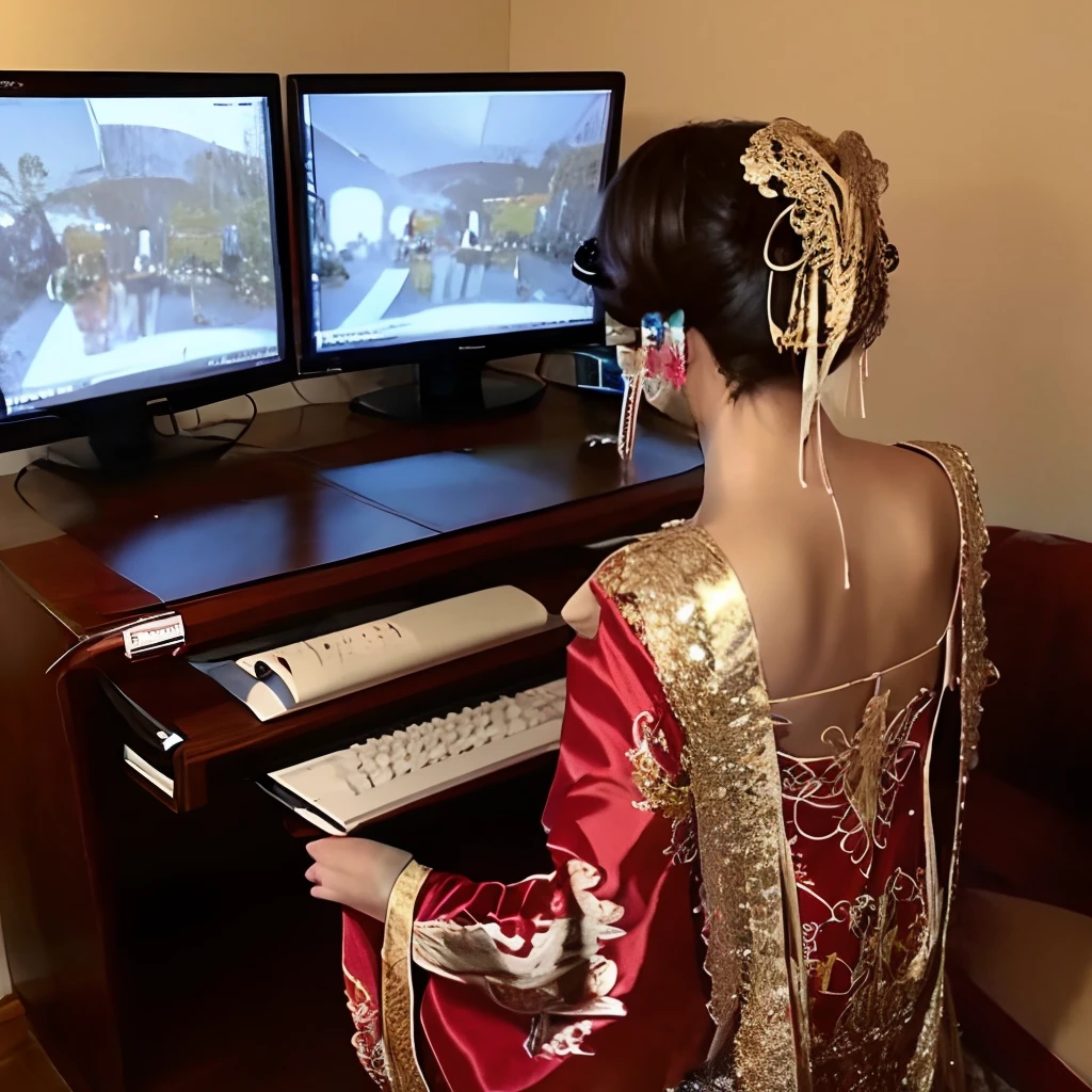 1girll,playgame,From behind,Large monitor,computer keyboard,Red and gold dress,head gear,