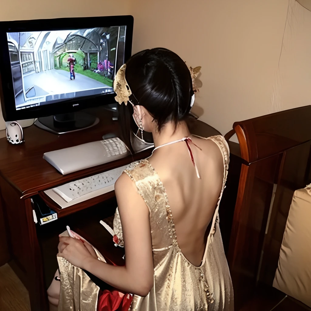 1girll,playgame,From behind,monitor,keyboard,red and gold dress