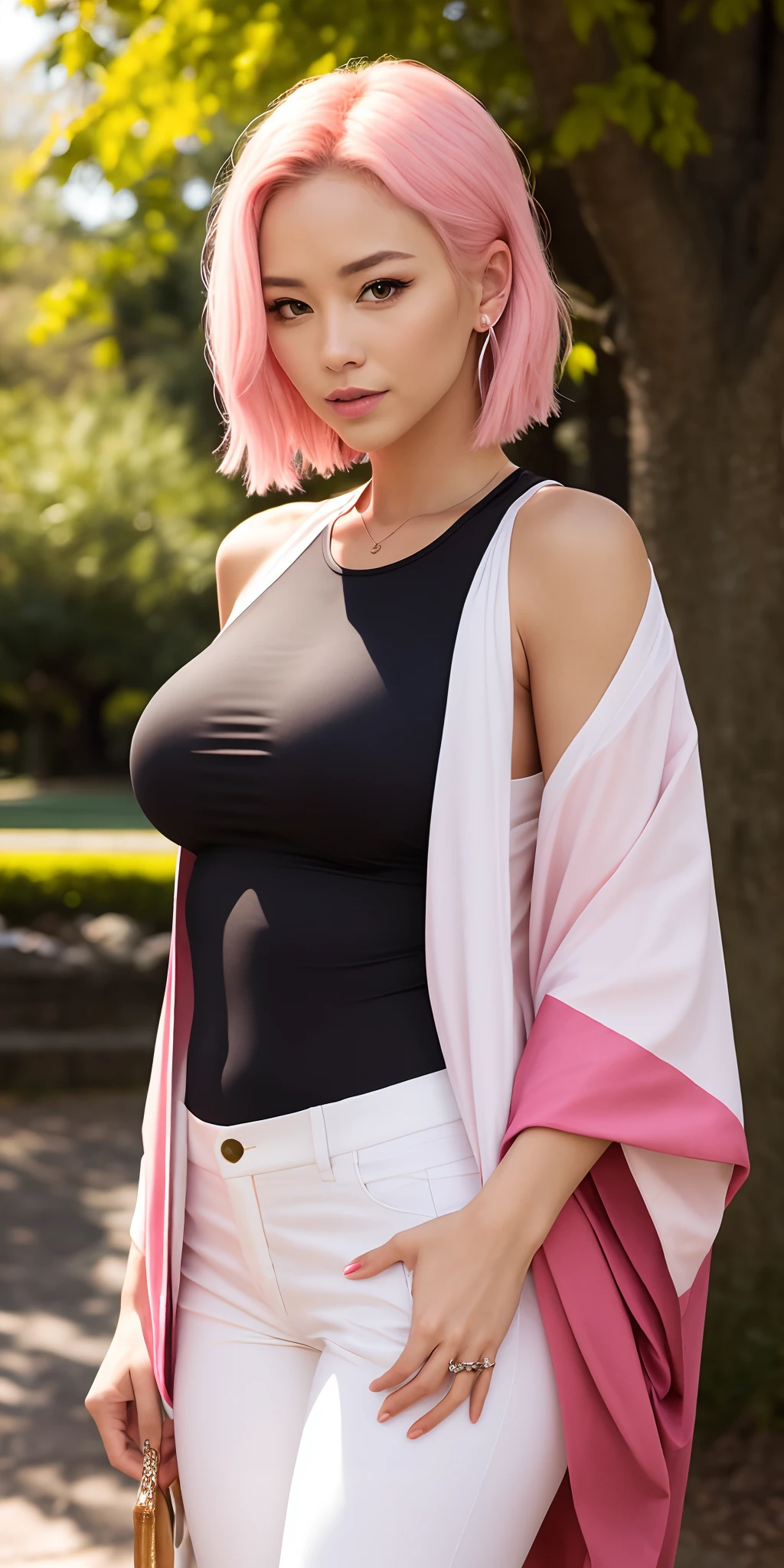 very realistic,sakura haruno. A woman stands in the park. Her shoulder-length pink hair was untied. He wears a red kimono and white pants. komono. The opening that exposes the navel. His shirt and pants looked tight,Thus made him faint. Including the breasts becoming so large and rounded. Her skin is very white,He also wears a jade ring on his hand. She is so beautiful and realistic
