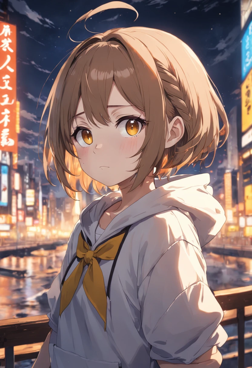 masutepiece, Best Quality,Illustration, Wallpaper, Ultra Detail, absurderes, Light brown hair, Solo, (Medium short hair、short braided hair),(Hoodie on Y-shirt), Beautiful detailed yellow eyes , (Clear department), Classroom,(a panoramic view:1.3),(Sense of depth:1.5),(longshot:1.3)