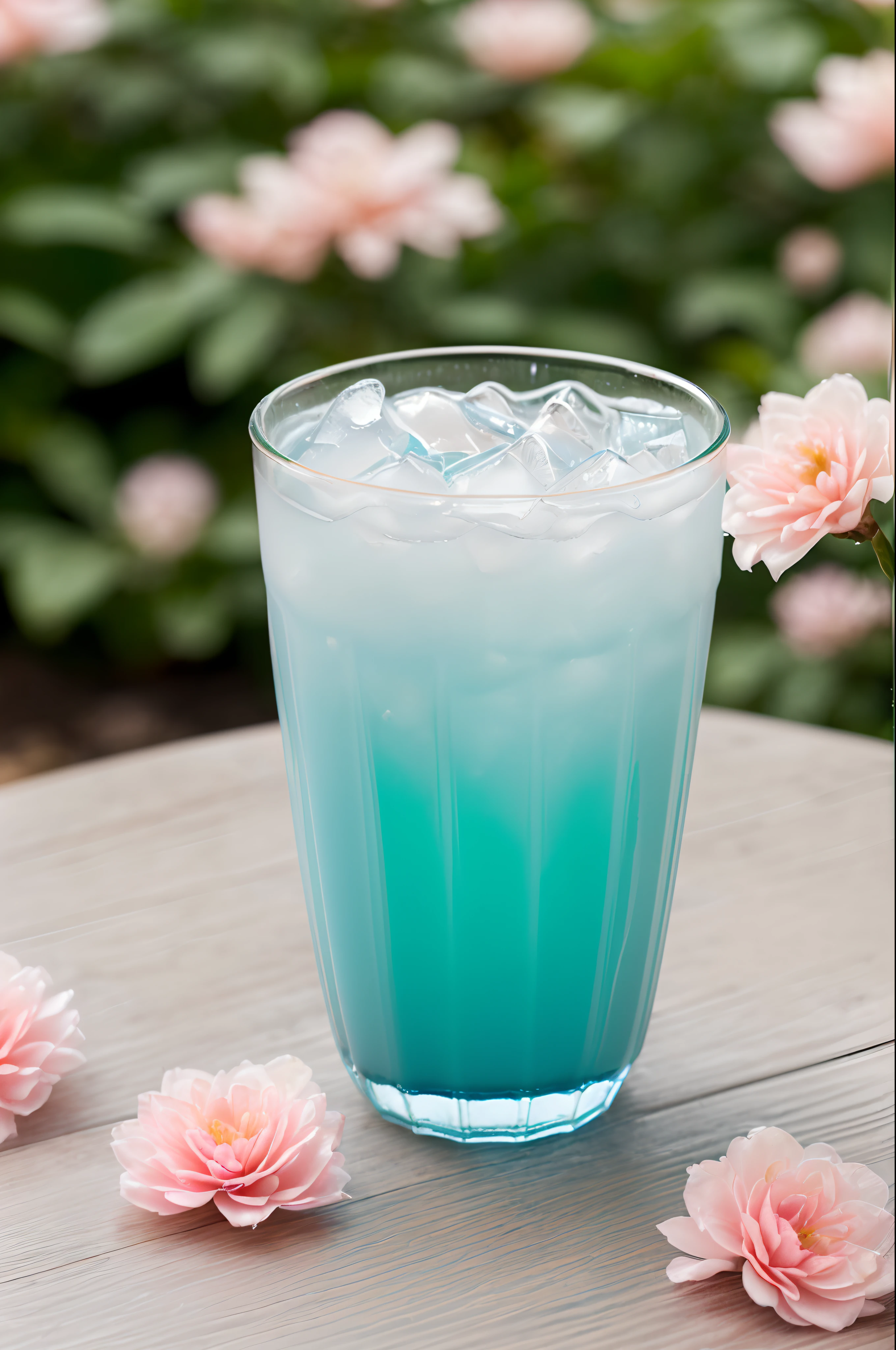 Large glass of cold ice and pale pink soda, Summer Feeling, delicado, Ultra detallado, Luz suave, bokeh de enfoque de campo profundo, Trazado de rayos, distracted, ultrafino, taza redonda, Linda taza ovalada, Fondo verde claro, papel de pared, verde de fondo, Super delicate water pattern (ultra-fine glass reflection)、Serve with small flowers、