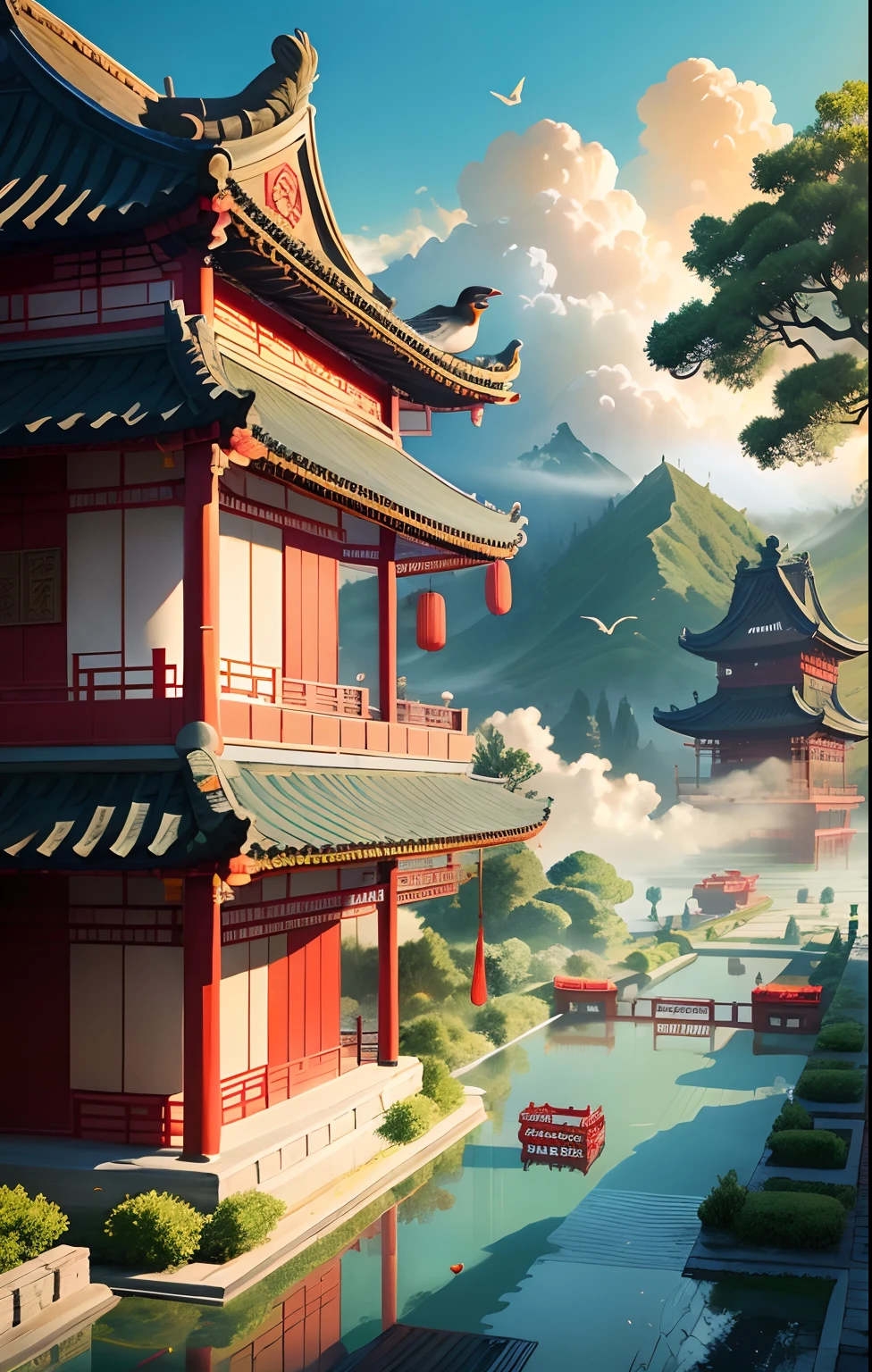 Real scene, Chinese thousand-year-old temple, garden, , gorgeous decoration, cranes, birds and beasts, fantasy wonderland, clouds and mist, majestic, glazed tiles, colorful light, masterpiece, high quality, exquisite graphics, high detail