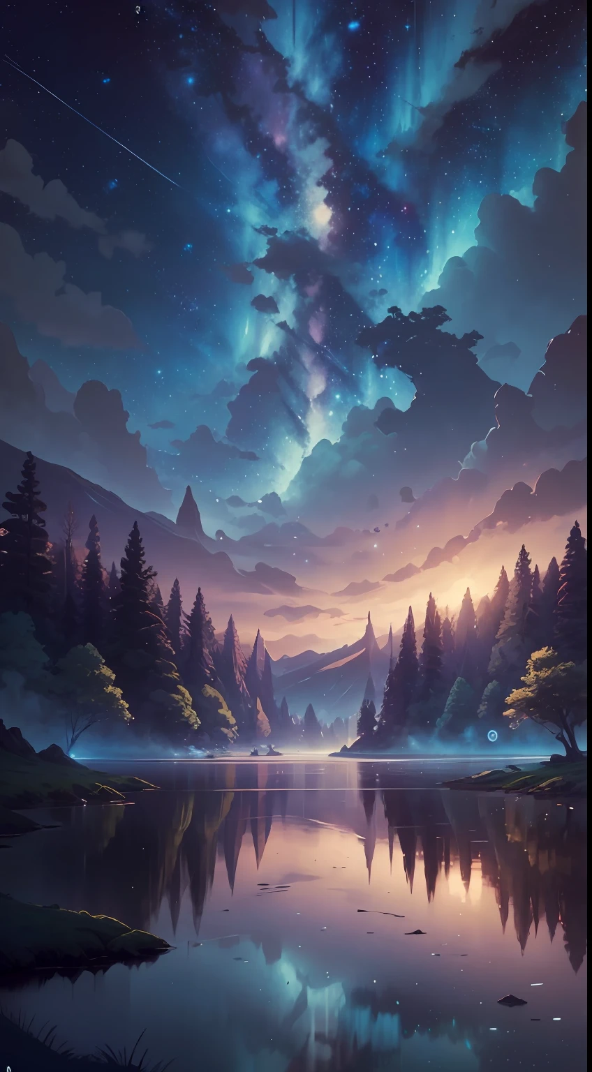 illustration, cartoon, soothing tones, calm colors, beautiful landscape, forest, lake, dark night, nabula, starry sky, shooting stars, 8k, best quality, by ilya kuvshinov, by makoto shinkai
