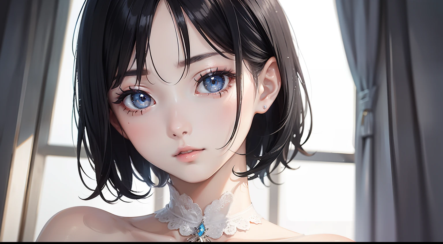 tmasterpiece,best qualtiy,1 girlirl,Short flowing black hair,Short white dress,The skin is white and delicate,Delicate and beautiful face,Elaborate Eyes,Skysky