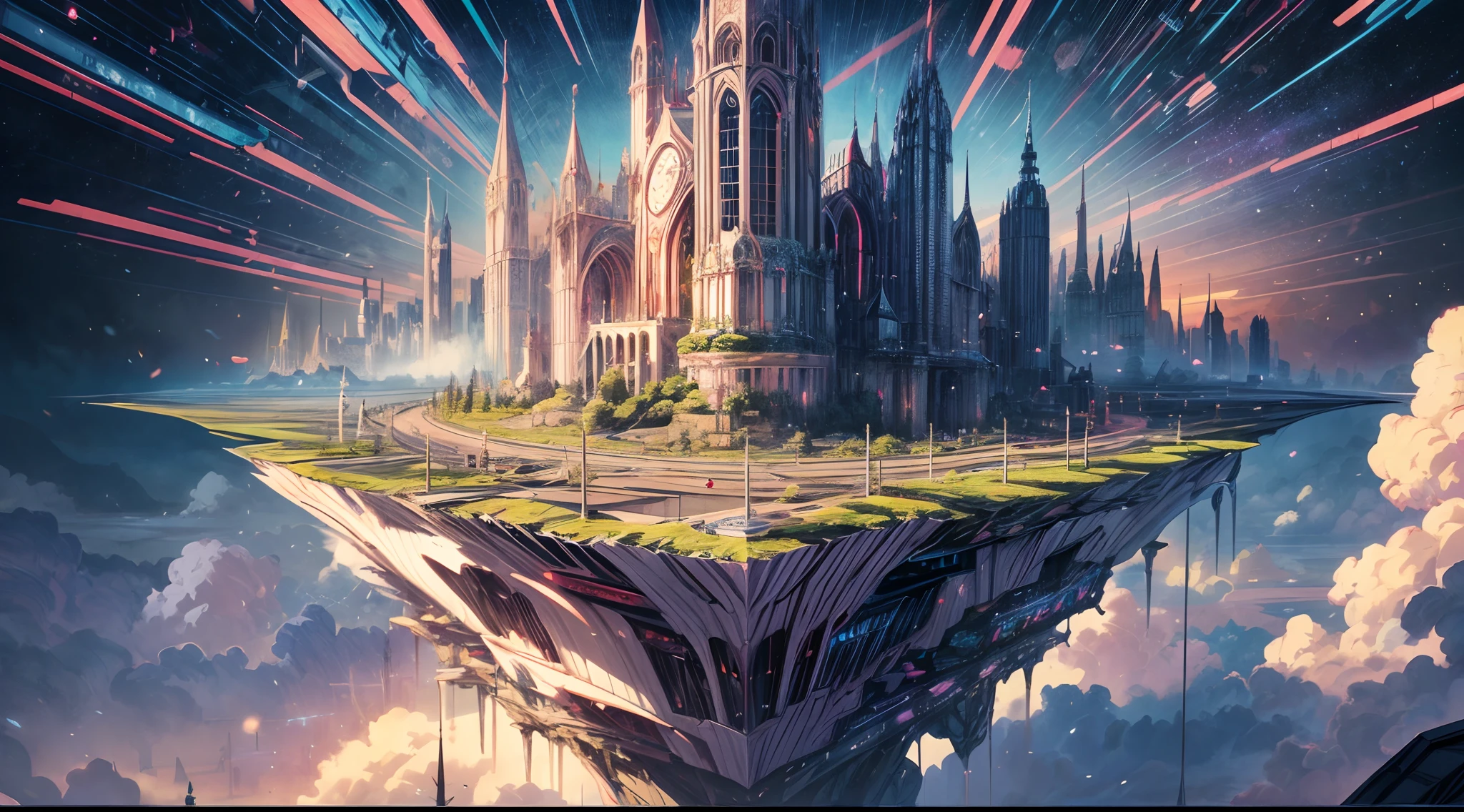 Create visually striking and one-of-a-kind anime landscape posters in vibrant candy style,Infused with elements of GFX design and graphic design,intricately details,Complex landscape,Floating island