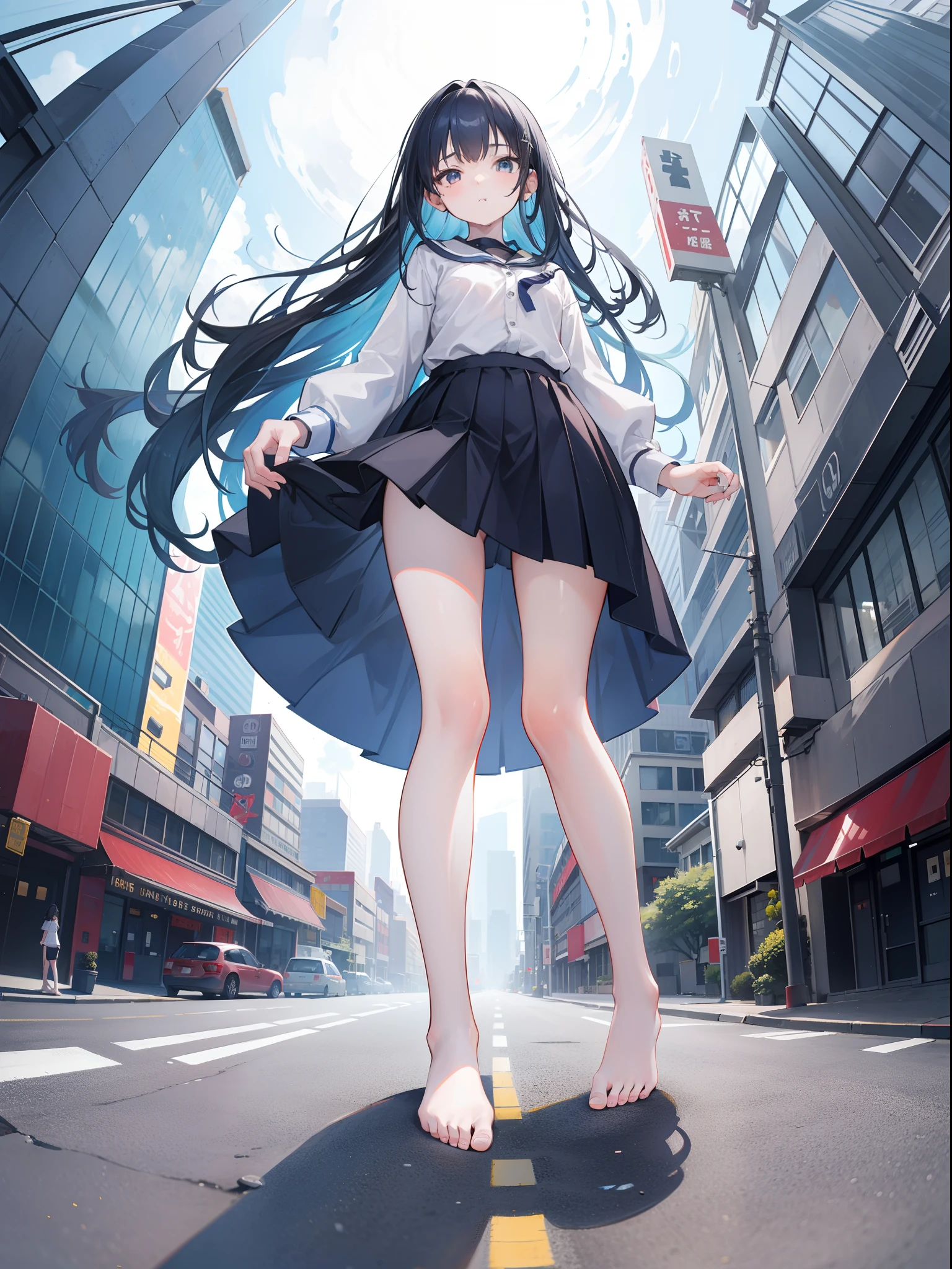 1girl, Giantess, below feet view, below girl view, view on ground, very low angle, up front view,From the angle below,(little insect is just a black dot), long navy hair,No short skirt,trousersless,feet on ground, far away