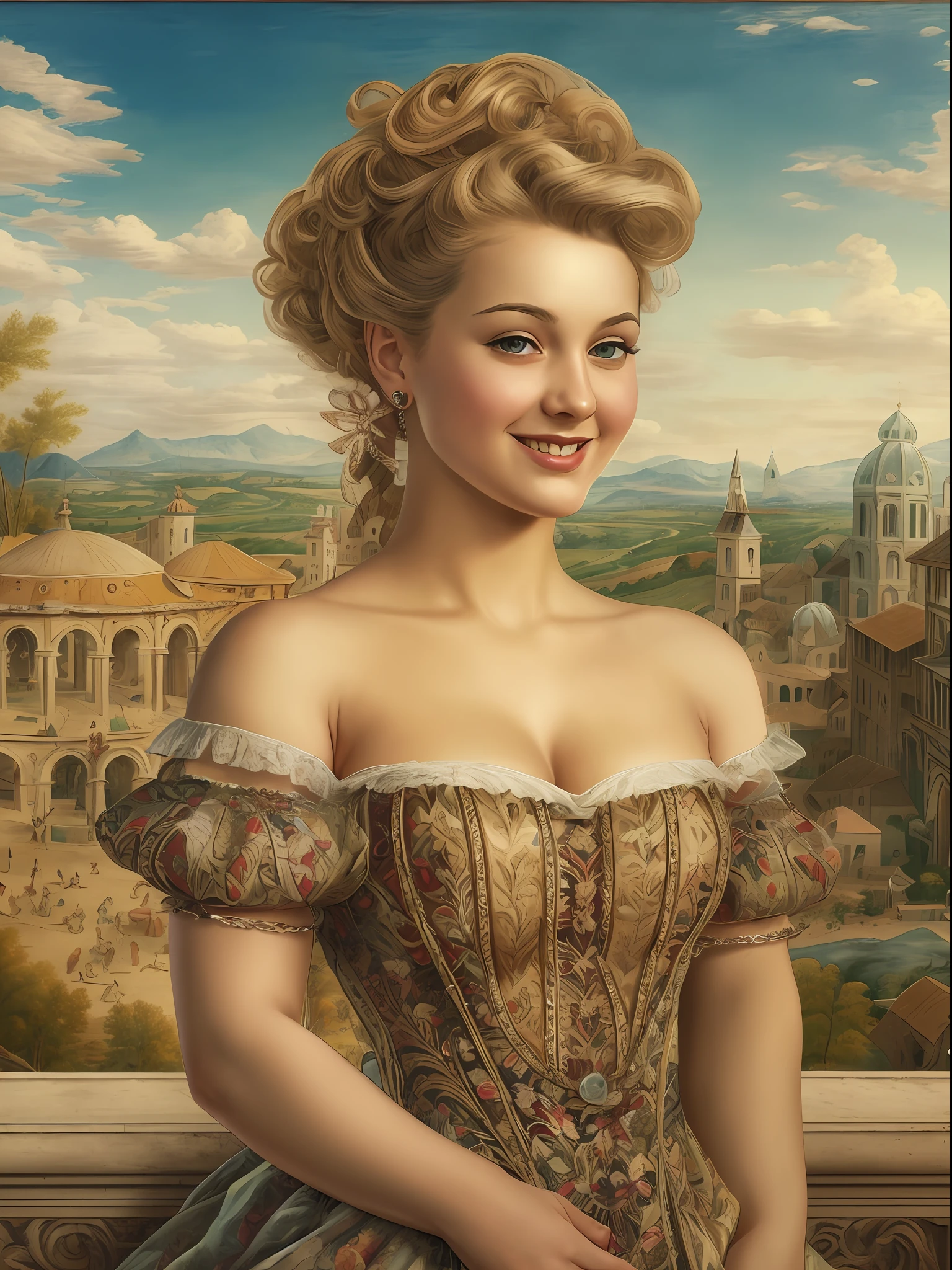 [beste-Qualit, tmasterpiece, extra high resolution, photo-realistic, in the style of pin-up, young Liz Olsen, off-shoulder, ssmile:20]Background, an intricately insanely detailed Renaissance landscape