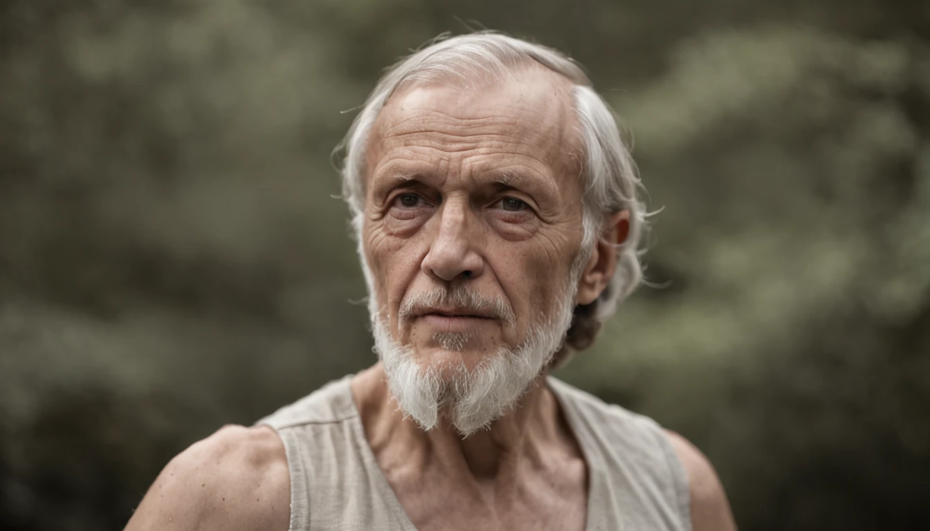 "seneca philosopher confidently striding with well-defined muscles"