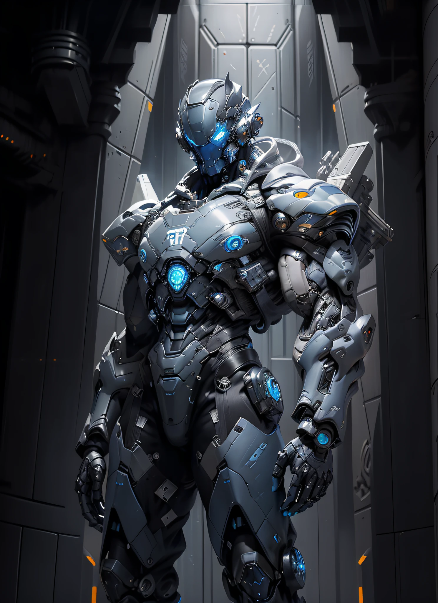 full body plane, ((a futuristic-looking blue chrome cyborg man)) with a fantastic ((square cyberhelmet head with blue lights)), dressed in a (((black and blue techwear))), humanoid robot, ((Iron gray tactical gloves)), mechanical neck, UHD, anatomically correct, best quality, masterpiece