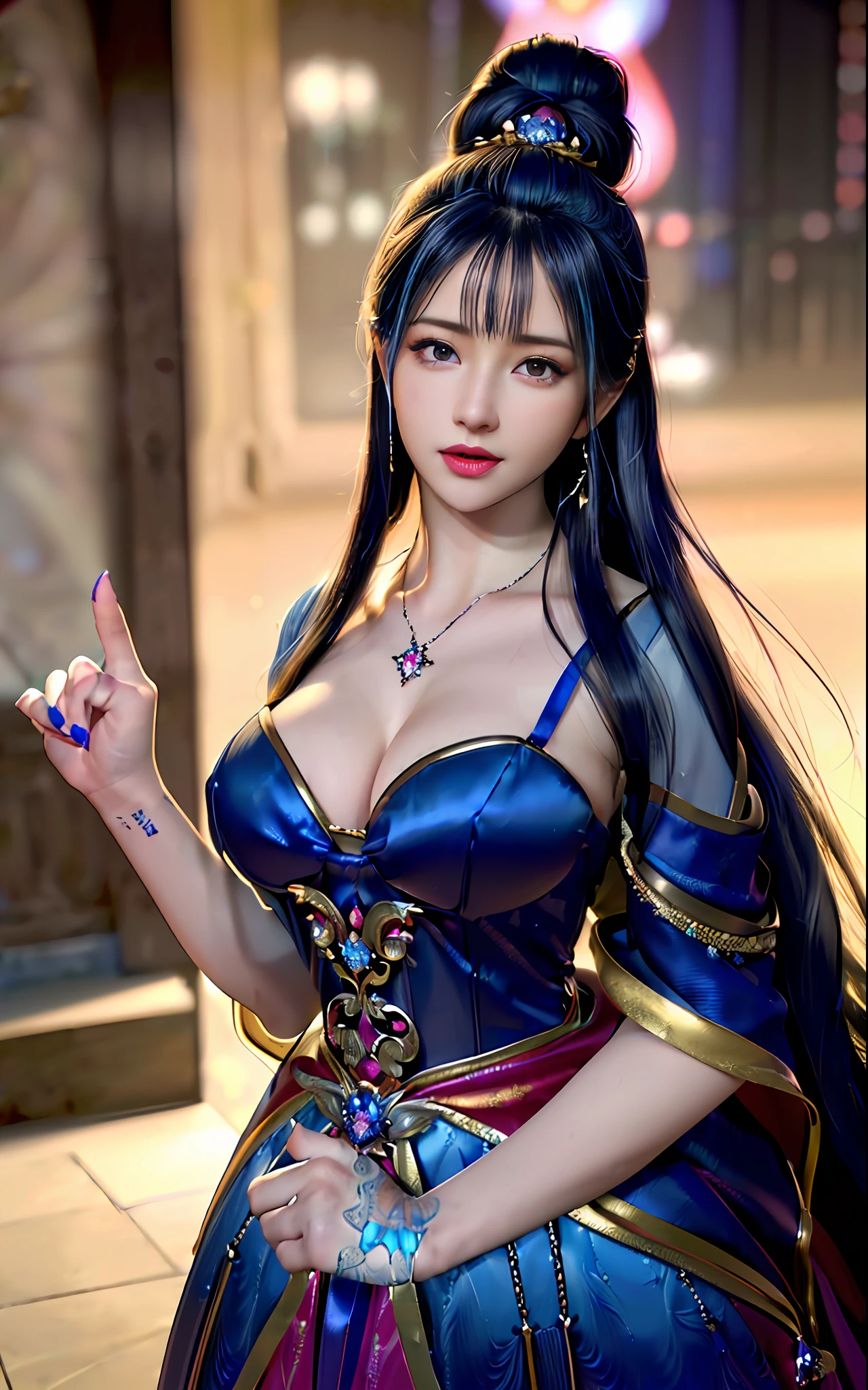 ((realisticity: 1.2)), ((realistic: 8K UHD)), ((best resolution: 8K UHD)), hyper detailed, best quality,masterpiece,highres,cg, ((1 girl hyper detailed and hyper realistic) ) , ((beautiful queen, hyper realistic and hyper detailed)),((white skin, beautiful, smooth, youthful, hyper realistic and hyper detailed )), ((Face hyper beautiful, white, hyper realistic and hyper detailed ) ), long hair, ((hyper realistic and hyper detailed dress)), solo, ((hyper realistic, hyper beautiful, beautiful and hyper detailed jewelry)), ((hyper beautiful deep red and golden yellow dress, hyper realistic and hyper detailed )) , ((Her pretty, hyper realistic, hyper detailed diamond filled earrings)), ((Her gorgeous diamond haircut, hyper realistic and hyper detailed)), ((hyper pretty upper body, hyper beautiful, hyper realistic and hyper detailed) ), ((medium breast: 1.1)), ((hyper realistic, hyper pretty, hyper detailed boobs)), ((the backgroun of the royal palace is hyper majestic, hyper realistic and hyper detailed)),((hands and palms hyper beautiful, hyper detailed, hyper realistic)), ((hyper detailed and hyper realistic fingers and fingernails)), ((hyper pretty fingernails, hyper vivid, hyper detailed, hyper realistic)), ((thumb, index finger, middle finger, ring finger, little finger hyper vivid, hyper pretty, hyper detailed, hyper realistic)),
((hyper beautiful fingers, hyper detailed, and hyper realistic)), ((posture not too fat and not too thin, hyper realistic, hyper detail)), ((hyper pretty, hyper pretty, hyper realistic and hyper detailed hair bun)), ((hyper pretty , hyper realistic and hyper detailed blue hair)), candid, Photo, high resolution, 8k , bokeh,