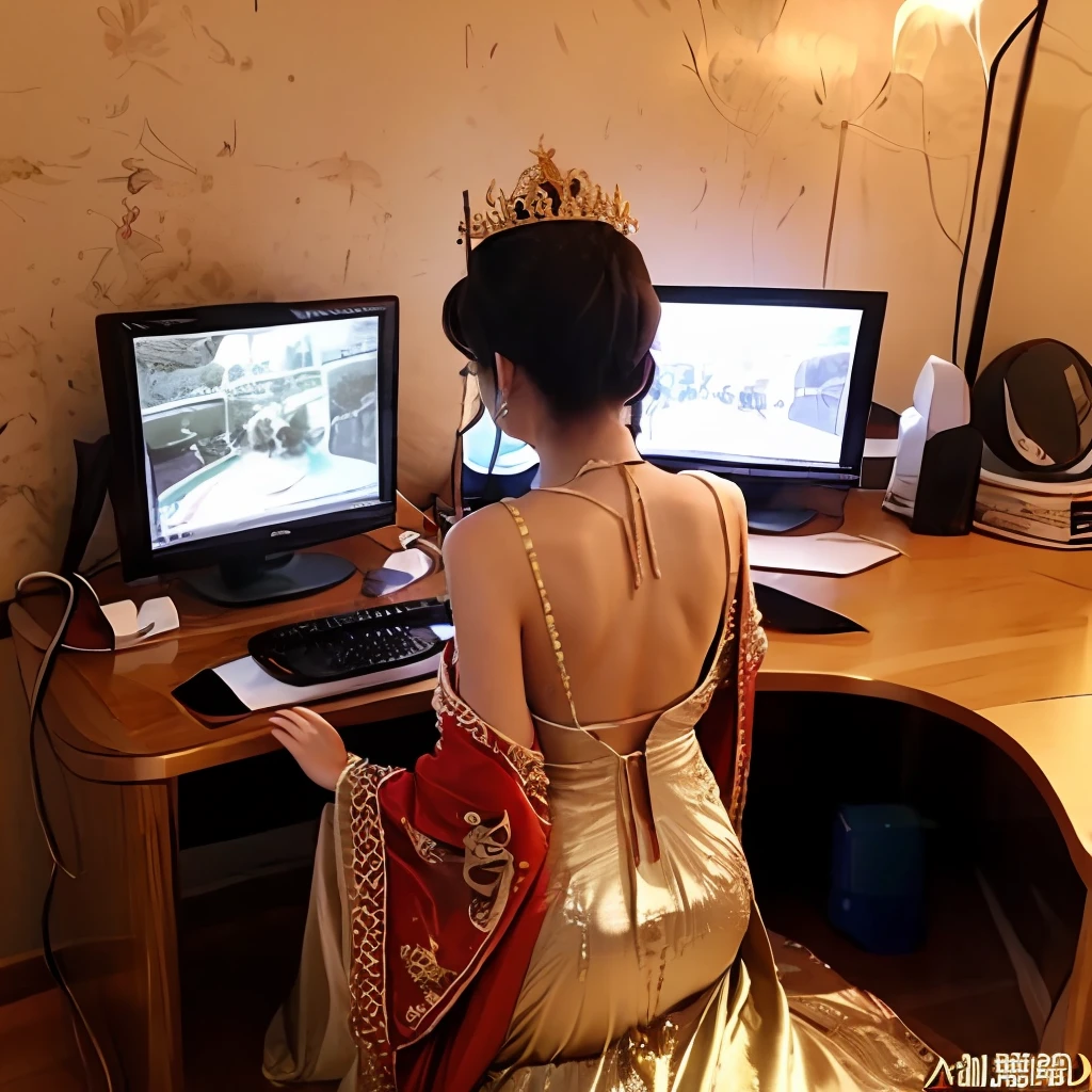 1girll,playgame,From behind,Large monitor,computer keyboard,Red and gold dress,tiara